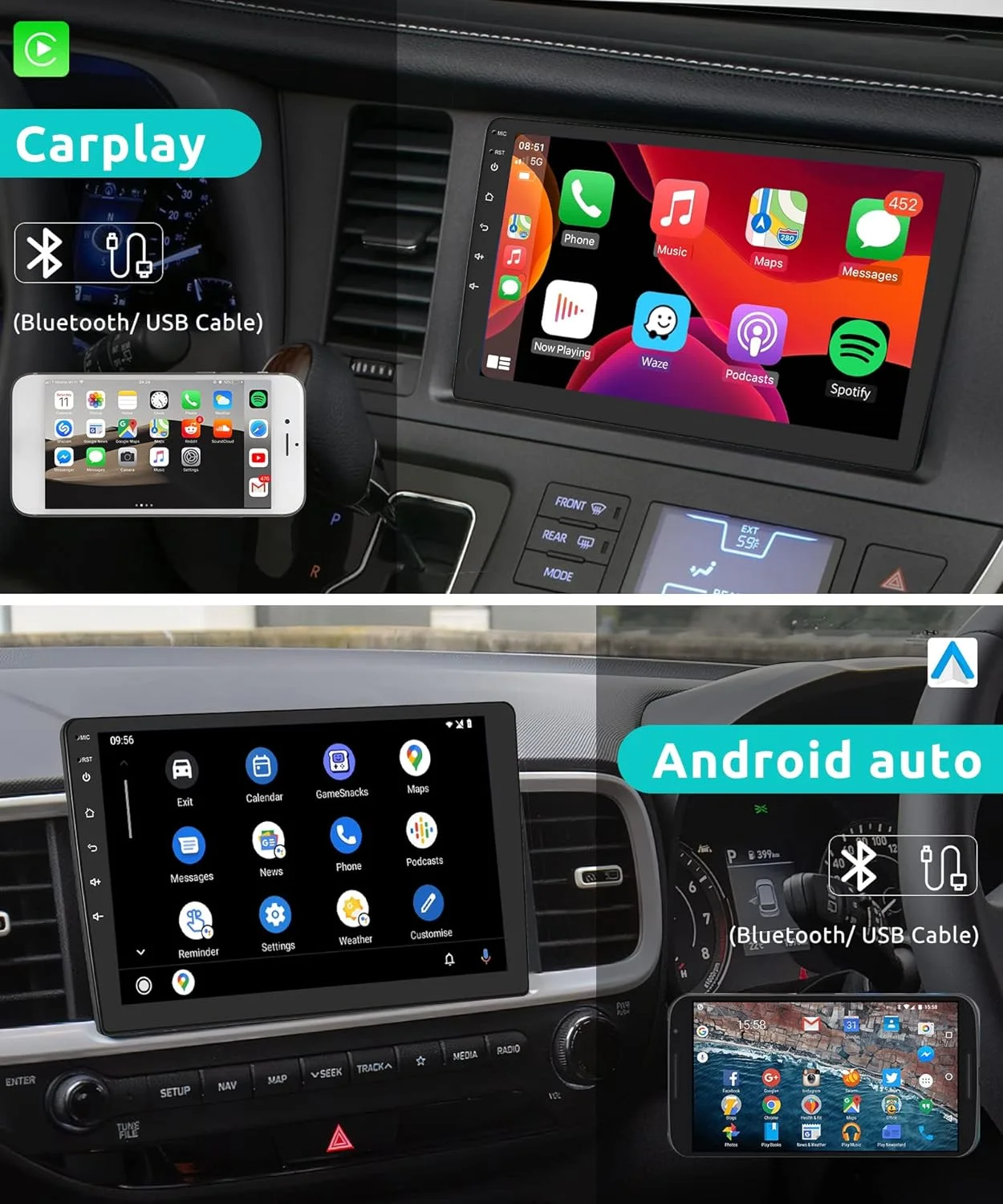 THONZER for Toyota Corolla 2013-2016 Android Car Stereo with Wireless Carplay, 10.1 Inch Touch Screen Car Radio with GPS Navigation Bluetooth FM HiFi WiFi Android Auto + Backup Camera