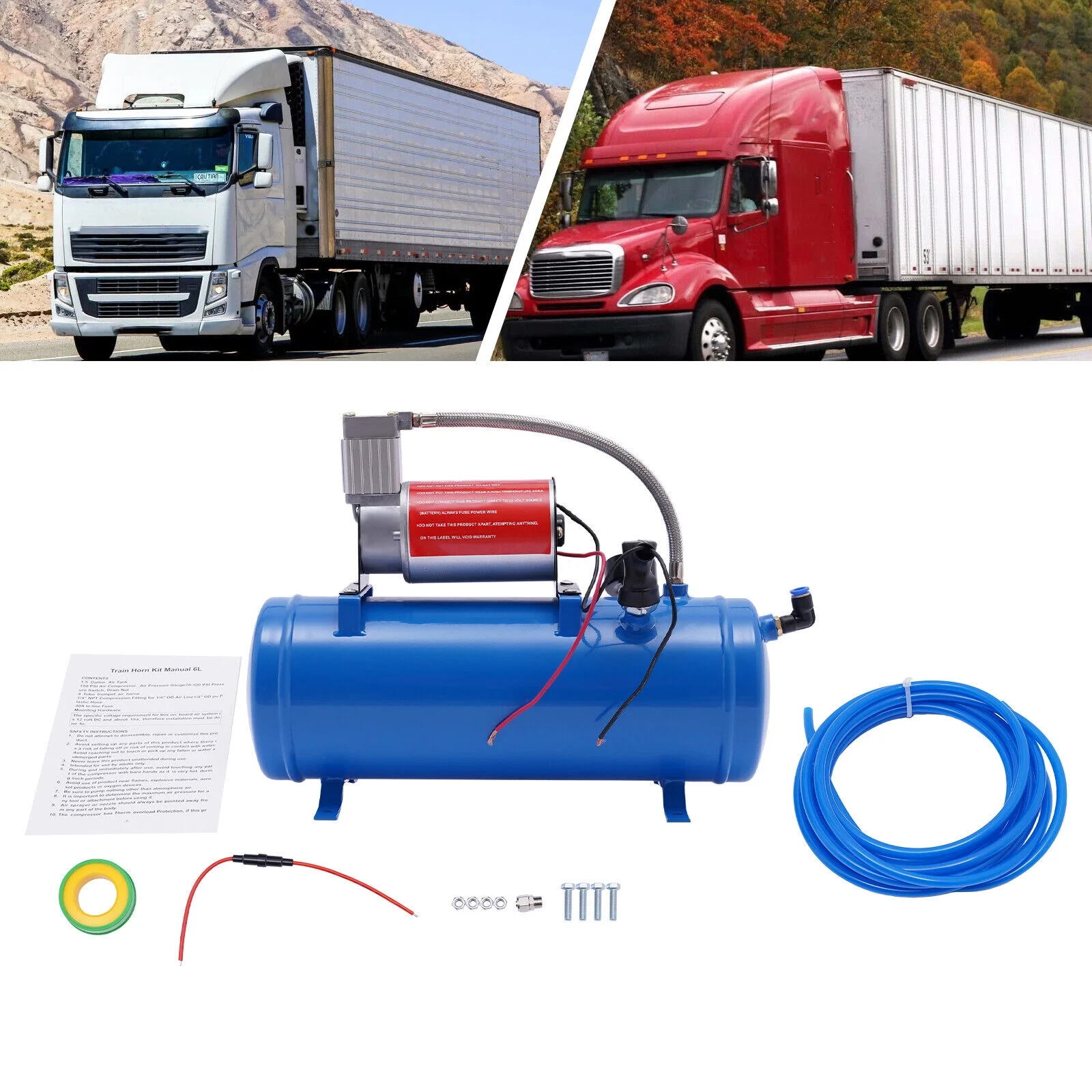 Fichiouy DC 12V 100PSI Air Compressor with 6 Liter Tank 1.6 Gallon for Train Horns Motorhome Tires Inflator Air Compressor