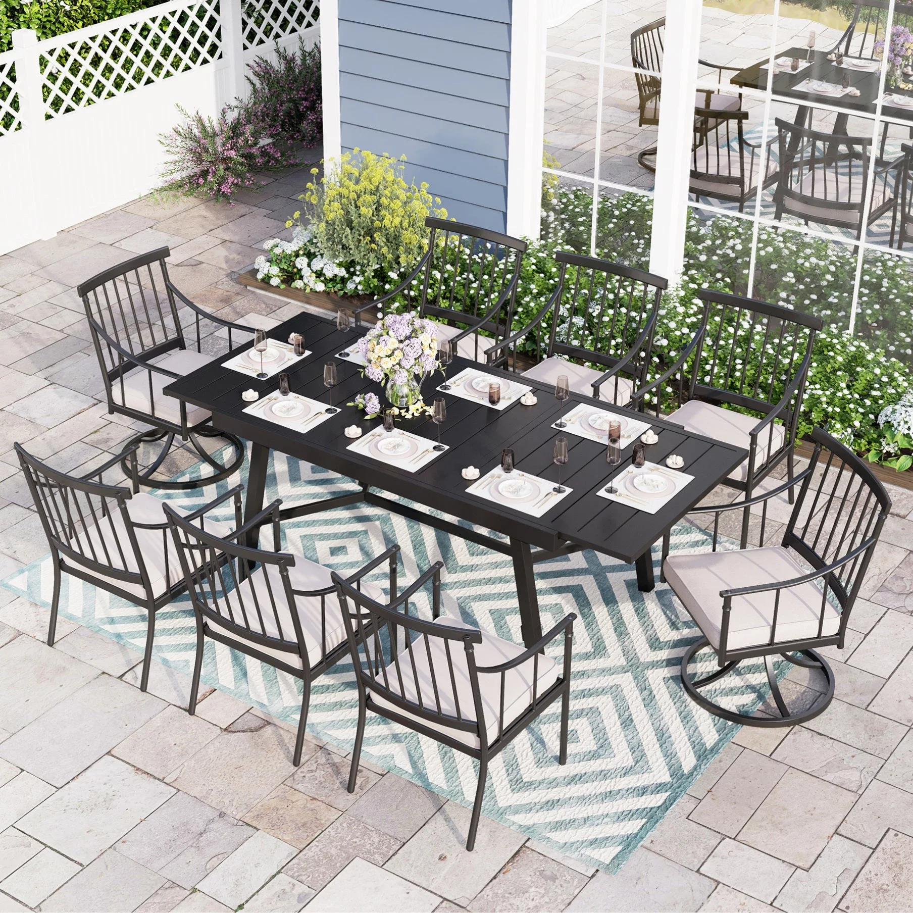 Sophia & William 9 Pieces Metal Patio Dining Set Swivel Chairs and Extendable Table Set