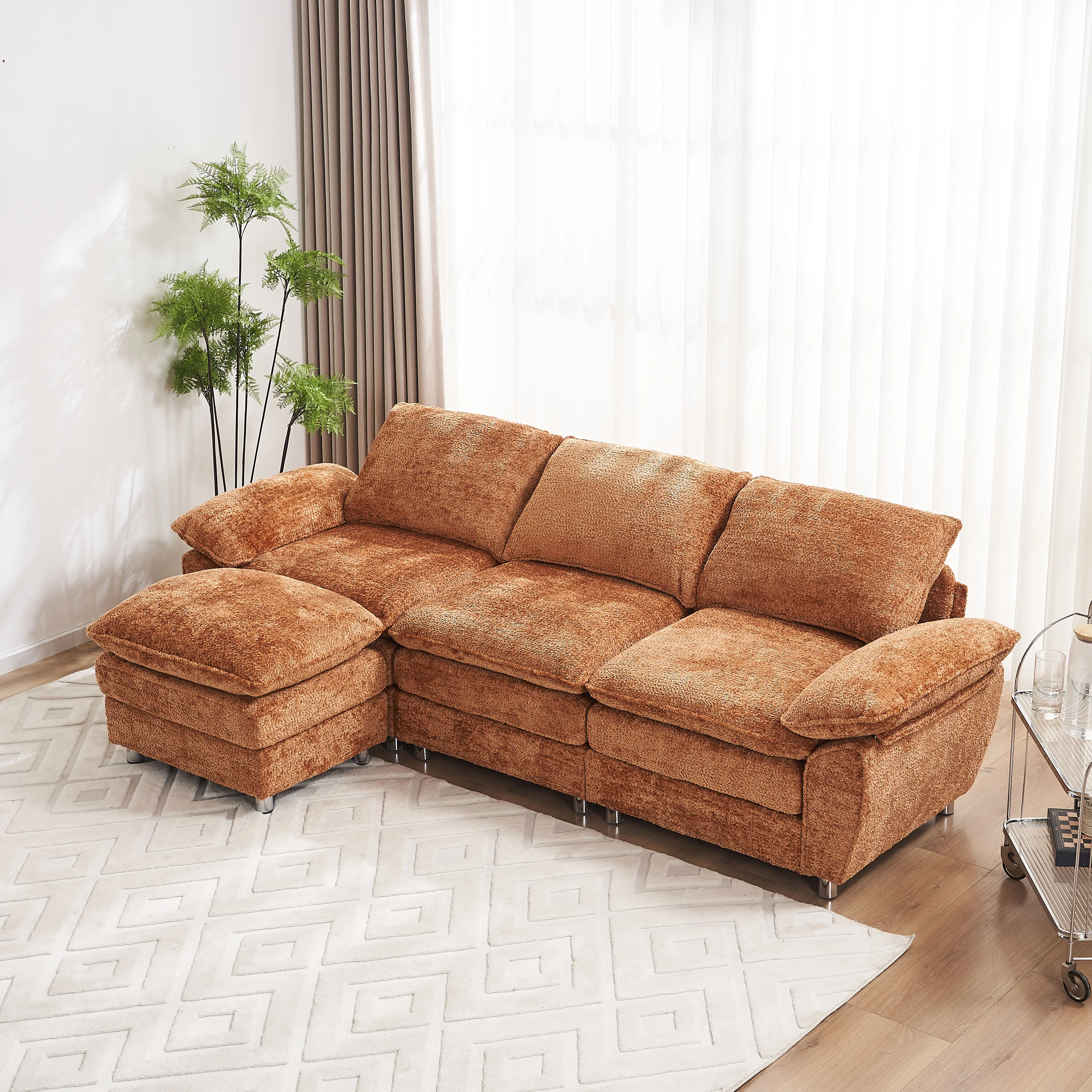 DeeHome Modern Deep 3-Seat Sofa Couch with Ottoman, Polyester Sofa Sleeper Comfy Upholstered Furniture for Living Room, Apartment, Studio, Office, Orange