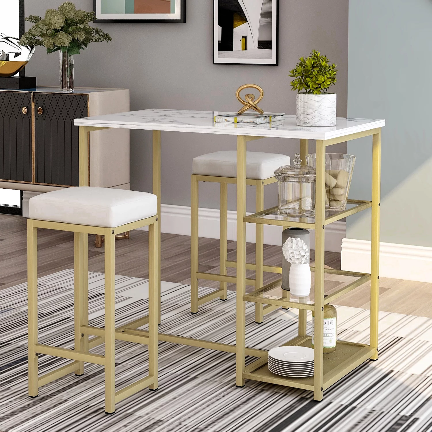 EUROCO Pub Set with Bar Stools, Faux Marble Countertop, White and Gold, Set of 2