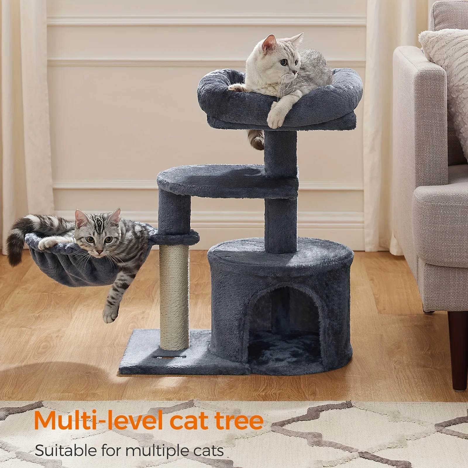 Feandrea Cat Tree, Small Cat Tower, Cat Condo, Kitten Activity Center With Scratching Post, Basket, Cave, Smoky Gray