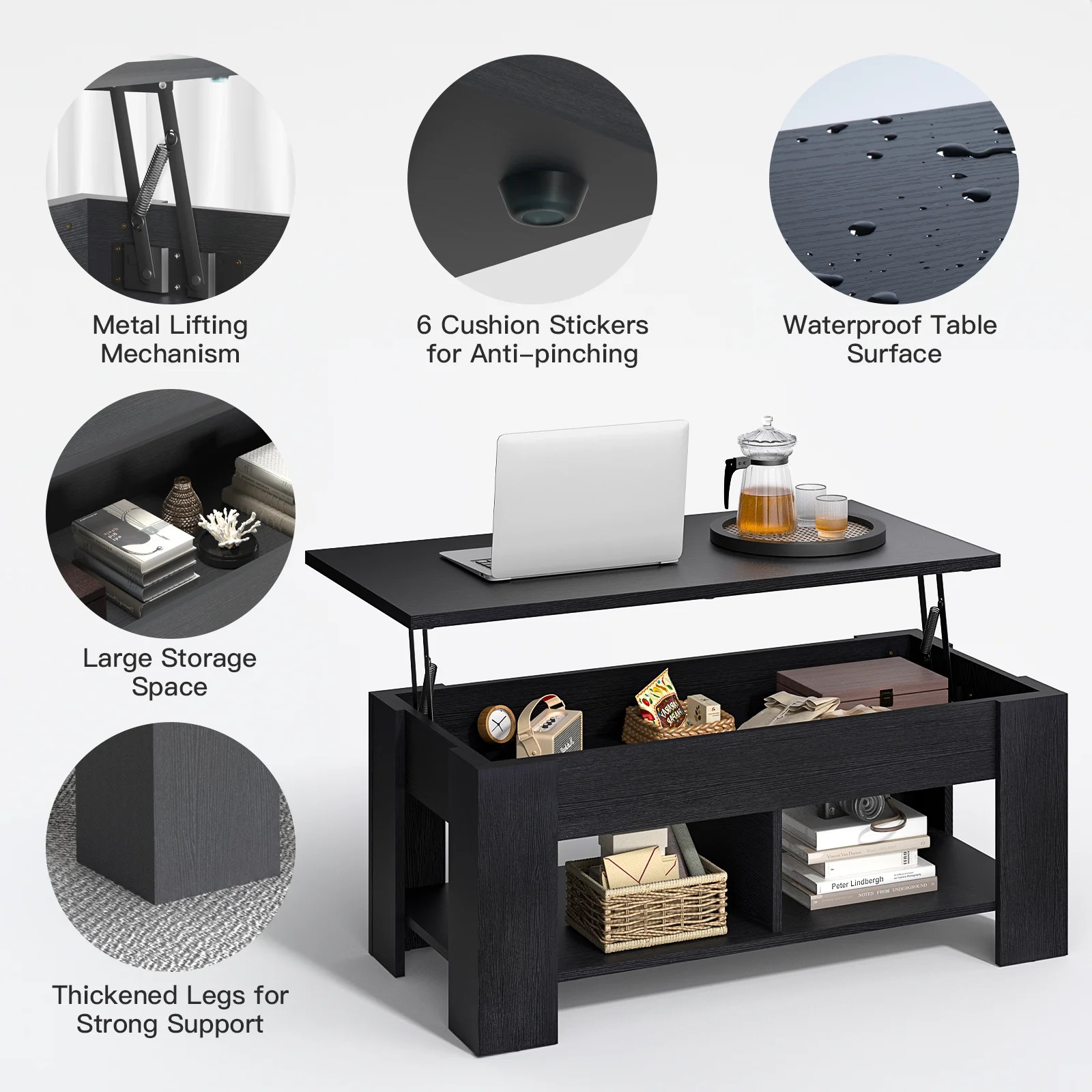 MONINXS Lift Top Coffee Table, Hidden Compartment & Storage, Separated Open Shelves, Black
