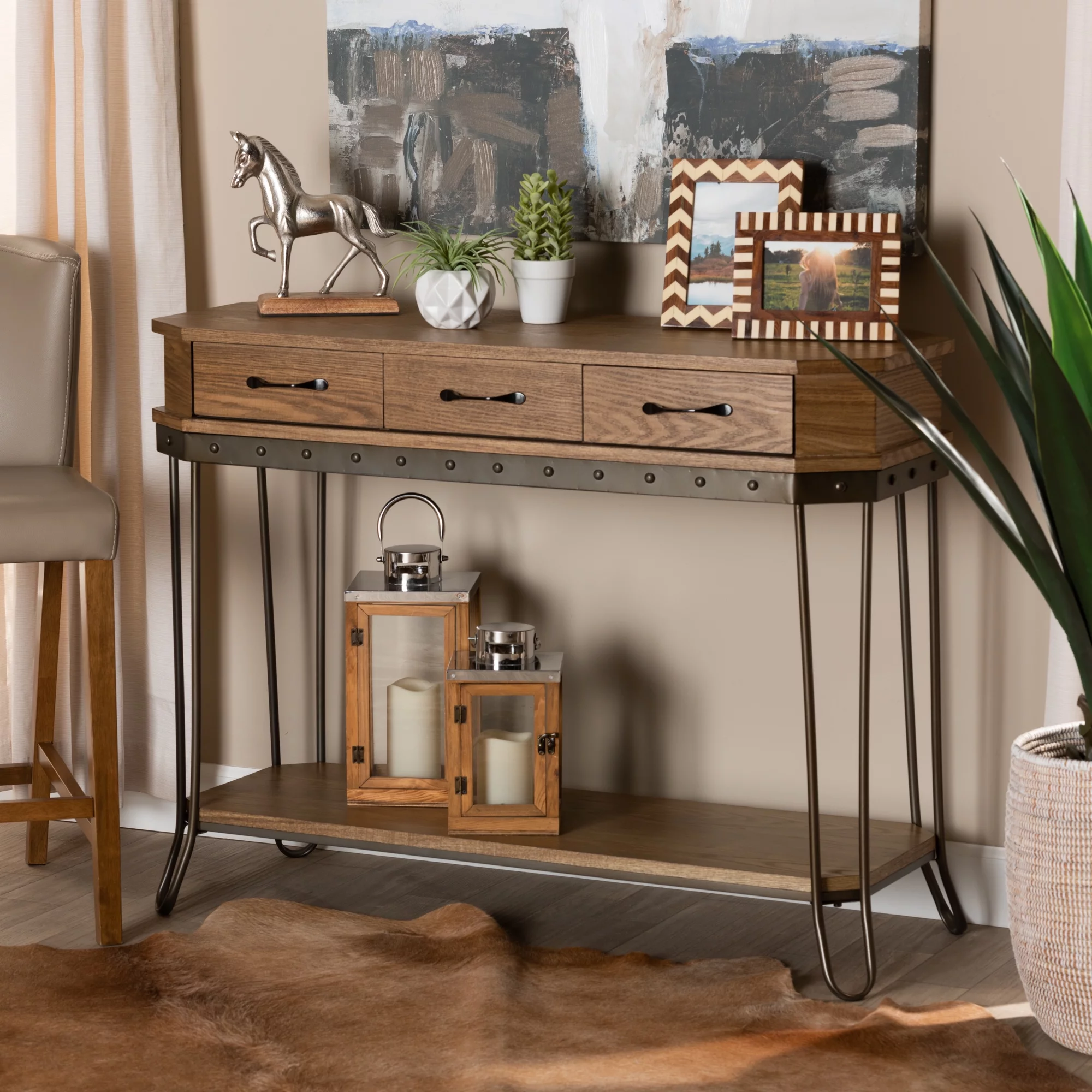 Baxton Studio Kellyn Industrial Wood and Metal 3 Drawer Console Table, Oak