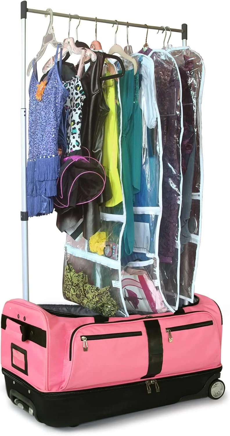 Newly Designed Garment Rack 28 inch Duffel with Wheels, Collapsible Lightweight Drop-Bottom Dance Costume Travel Luggage, Pink/Black…