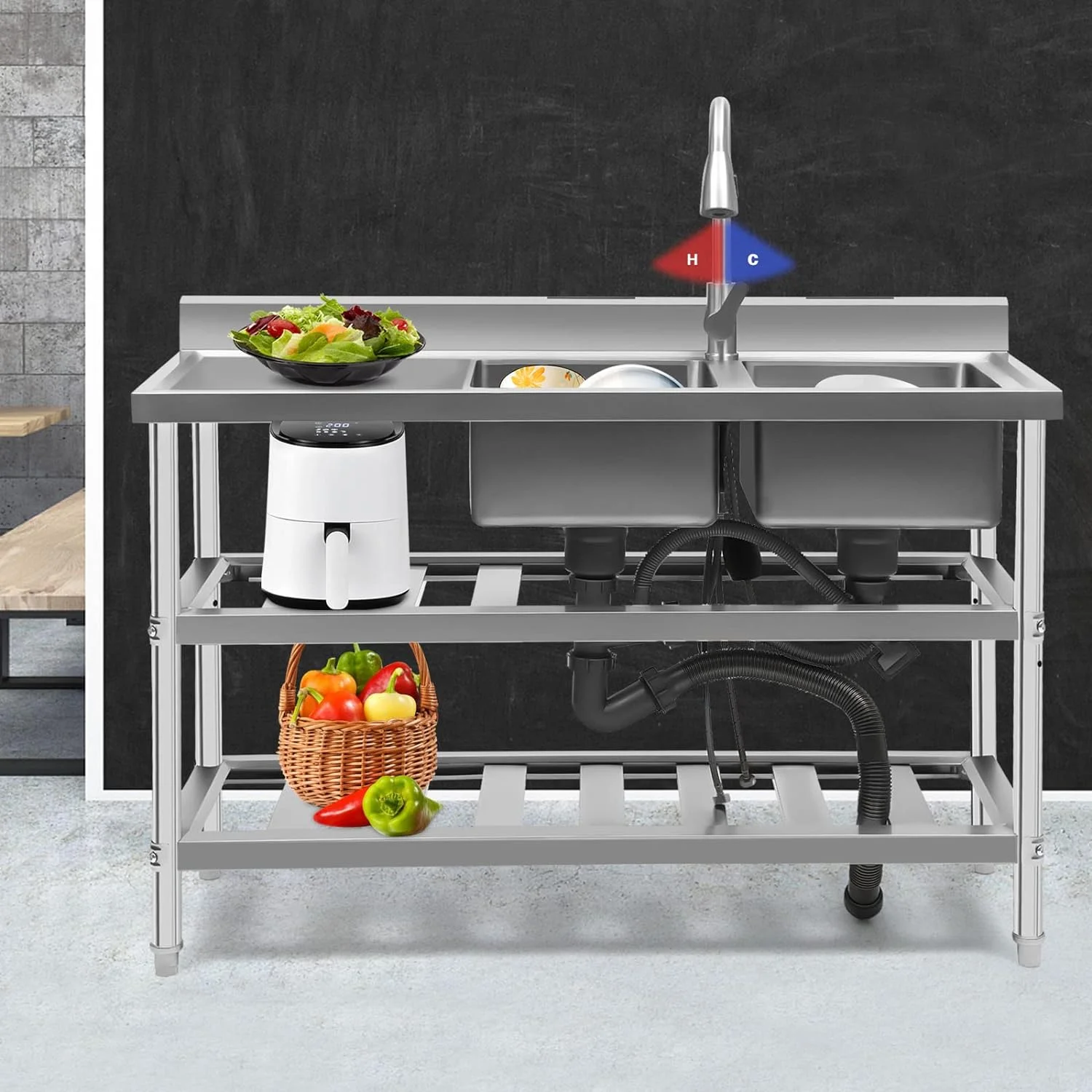 Free Standing Commercial Kitchen Sink 2 Compartment Stainless Steel Prep & Utility Sink 201 Stainless Steel Freestanding Kitchen Sink for Restaurant, Kitchen, Outdoor (Dual Bowl Style w/Baffle)