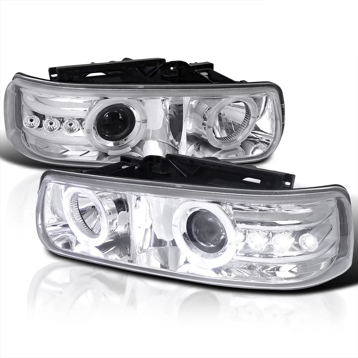 Spec-D Tuning Dual Halo Rim Chrome Housing Clear Lens Projector LED Headlights Compatible with 1999-2002 Chevy Silverado, 2000-2006 Chevy Suburban/Tahoe, Left + Right Pair Headlamps Assembly