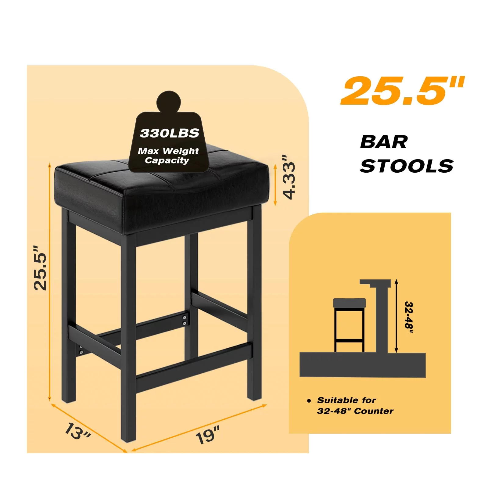 Relefree Bar Stools Set of 2, Counter Height Backless Saddle Stool, Bar Chairs Kitchen Stools with Footrest, Black