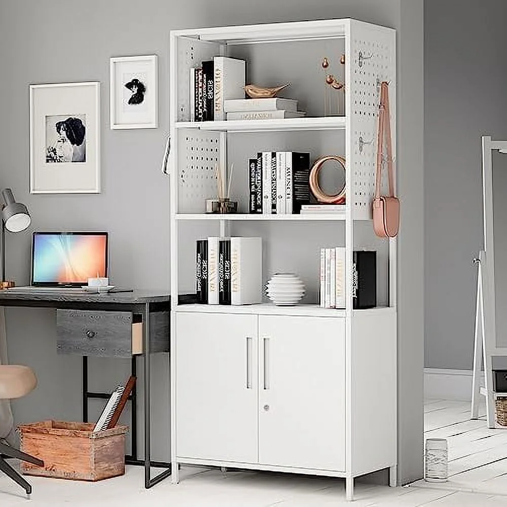 YPDCHB 5-Tier Bookshelf  Tall Bookcase with Doors  Industrial Display Standing  Units with Lock & Pegboard  Metal  Shelves for Living Room  Bedroom  Home Office (Black)