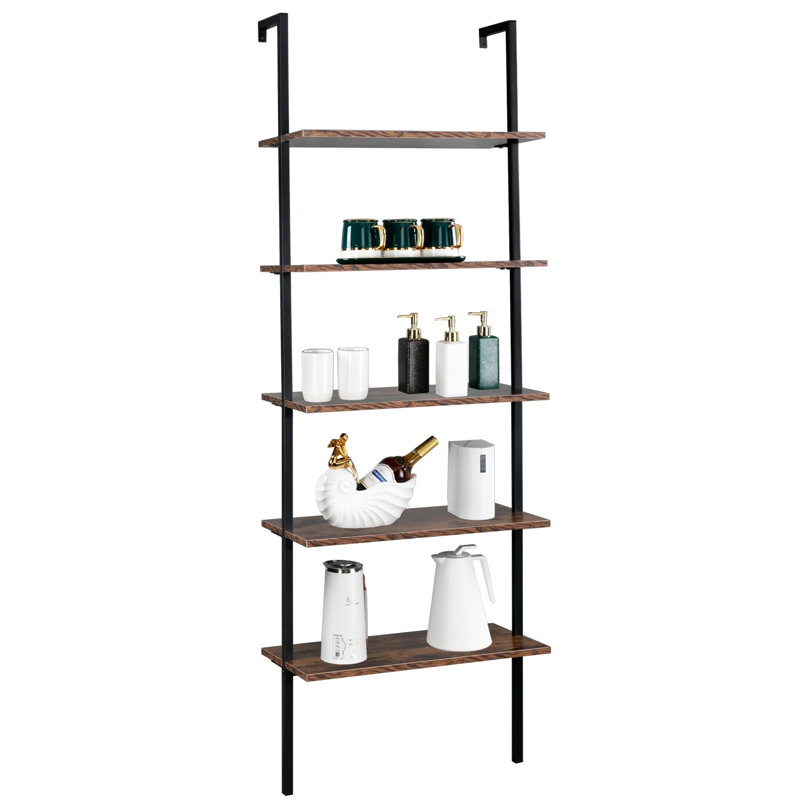5-Tier Open Ladder Shelf Bookshelf with Metal Frame, Industrial Wall Mounted Bookcase, 23.6 L x 11.8 W x 70.9 H - Modern Storage Solution for Home Office or Studio Space