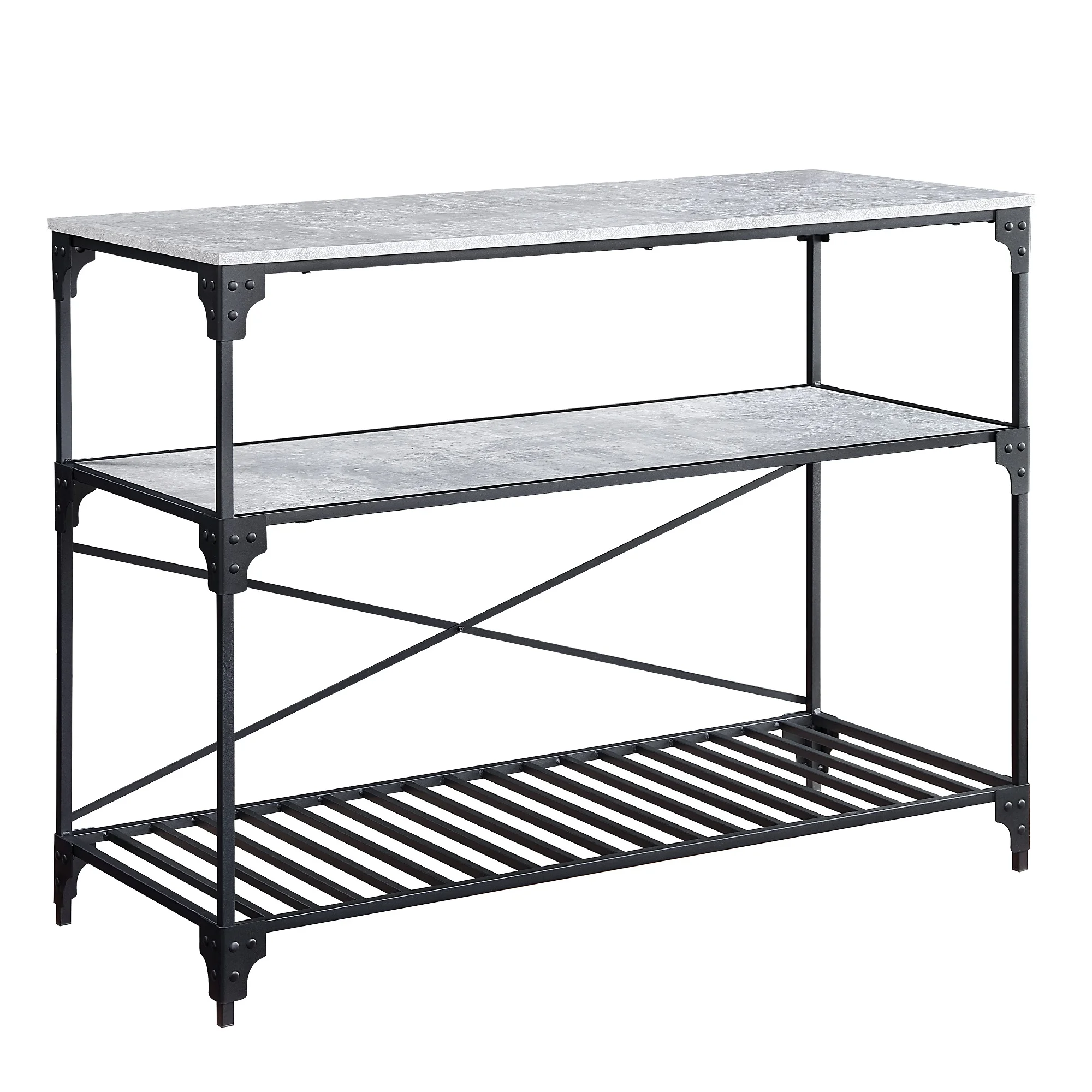 HUTWIFE Kitchen Island with 3 Shelves Kitchen Storage Shelf Kitchen Baker’s Rack with Large Worktop, Industrial Wood and Metal Coffee Bar Rack, Grey