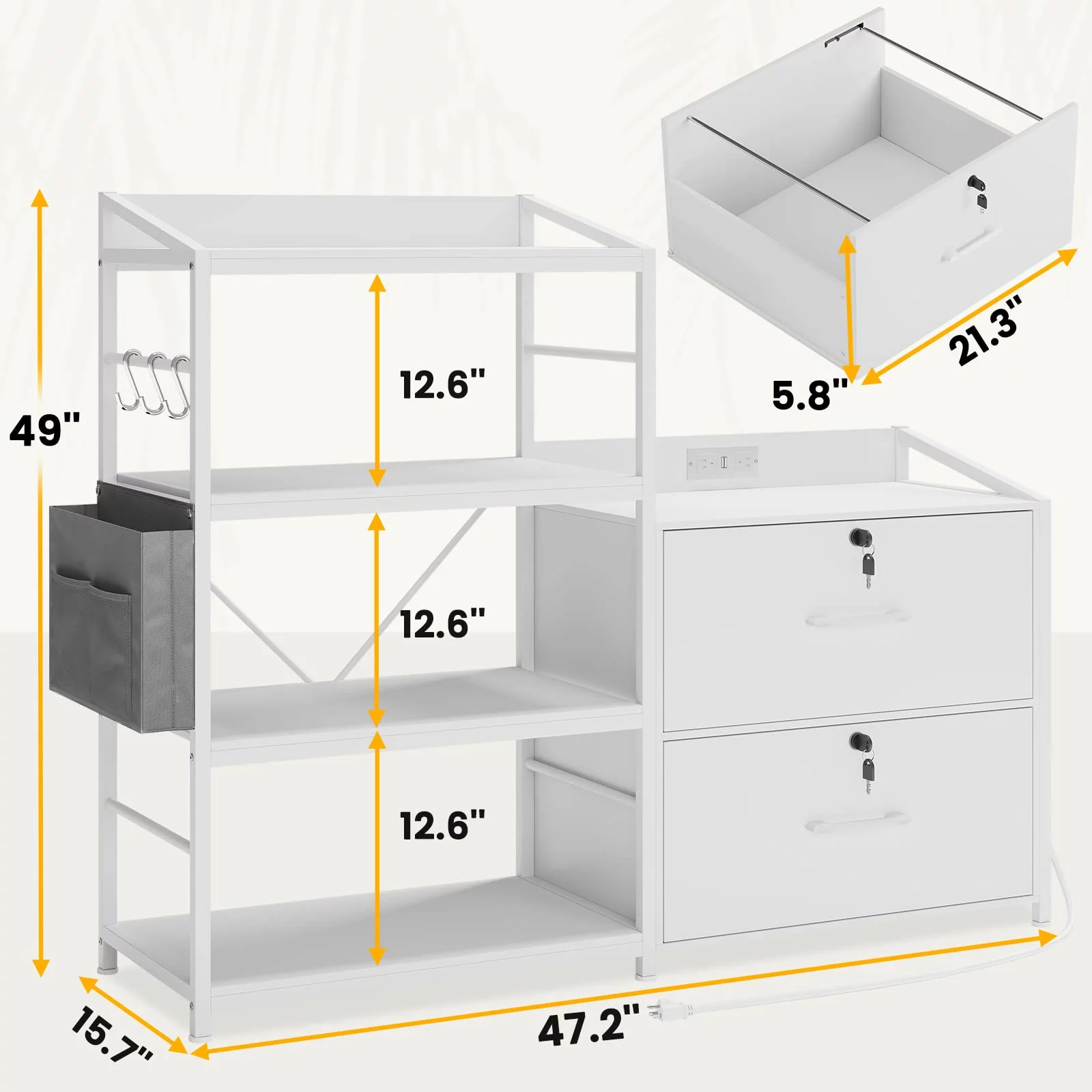 2 Drawer File Cabinet with Lock & Power Strip, 47” Filing Cabinet fits Legal, Letter, A4 Size for Home Office, White