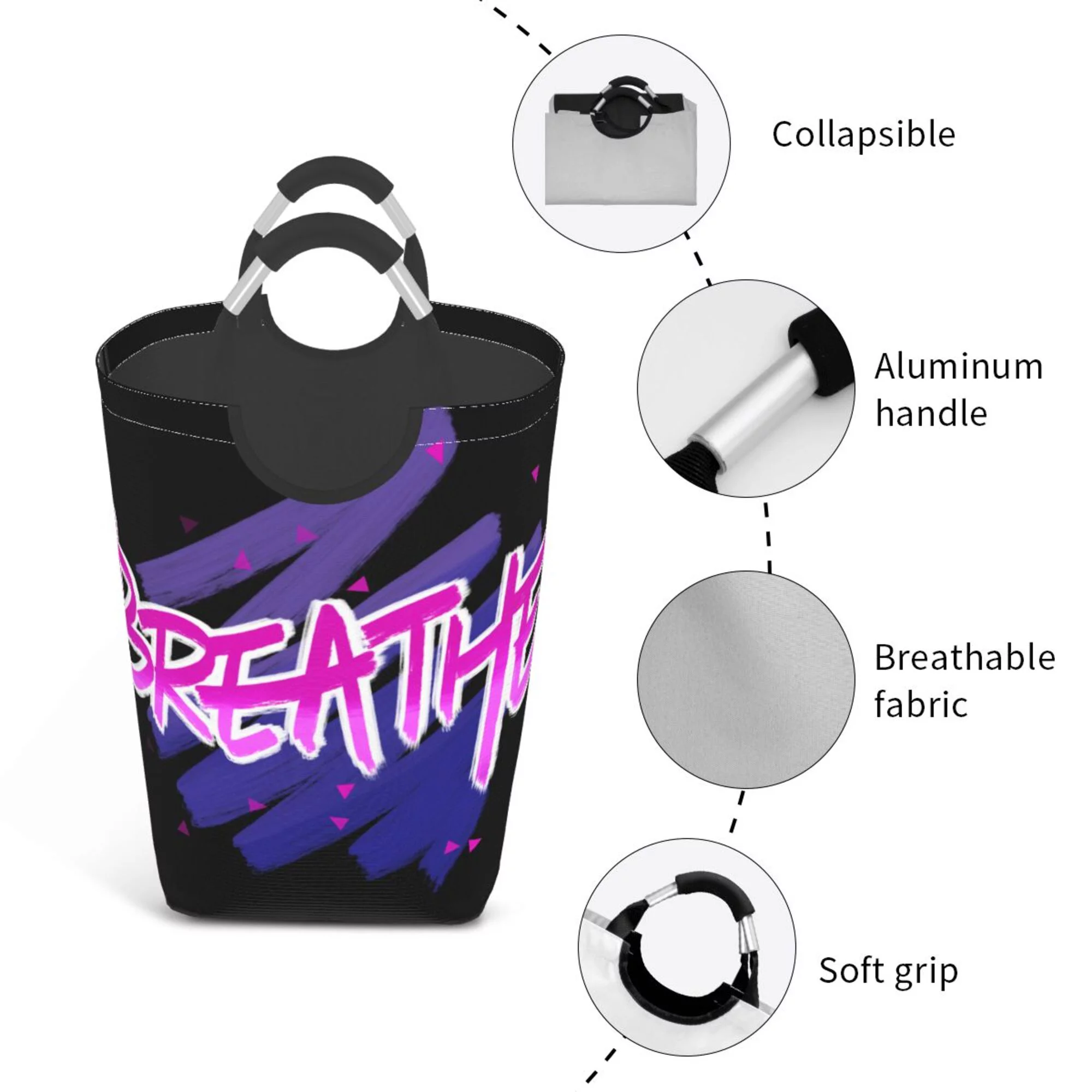 TEQUAN 50L Large Rectangular Laundry Hamper with Aluminum Handles, Pink Letters Breathe Prints Waterproof Foldable Dirty Clothes Basket