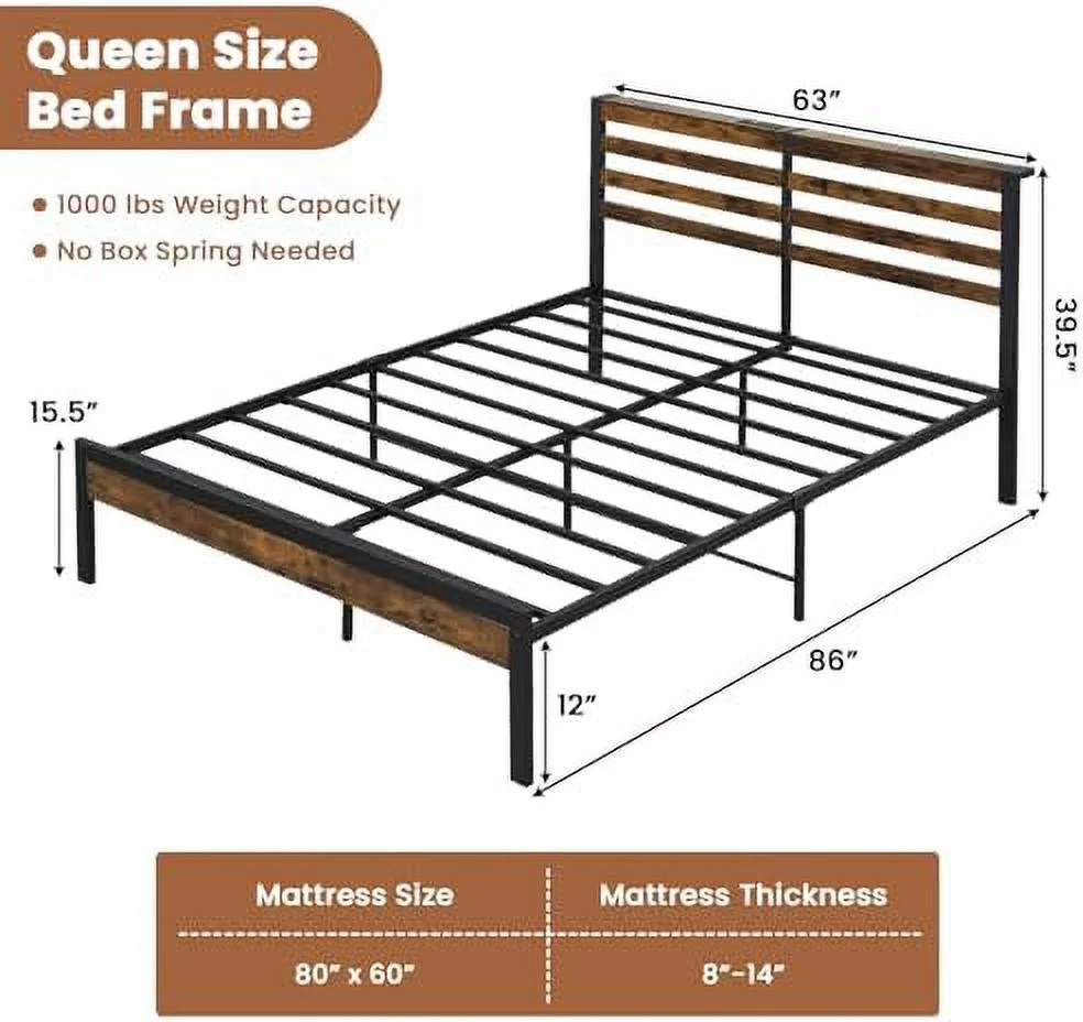 TJUNBOLIFE Queen Metal Bed Frame with Charging Station  Industrial Platform Bed with  Headboard  Heavy-Duty Mattress Foundation  Easy Assembly  No Box Spring Needed  Rustic Brown
