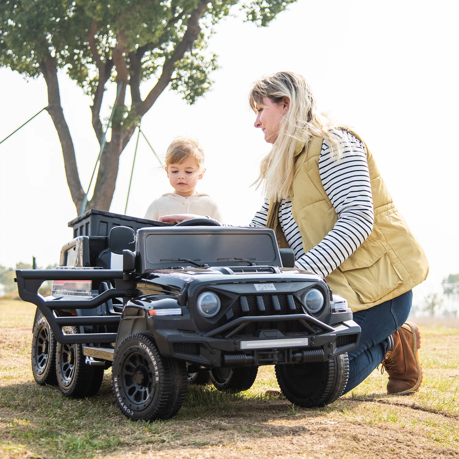 Track 7 24V Ride on Car, 4WD Electric Car for Boys Girls Age 3+, 6 Wheels Ride on Car with Remote Control, Music, Lights, Rocking Mode, Storage Box, Black