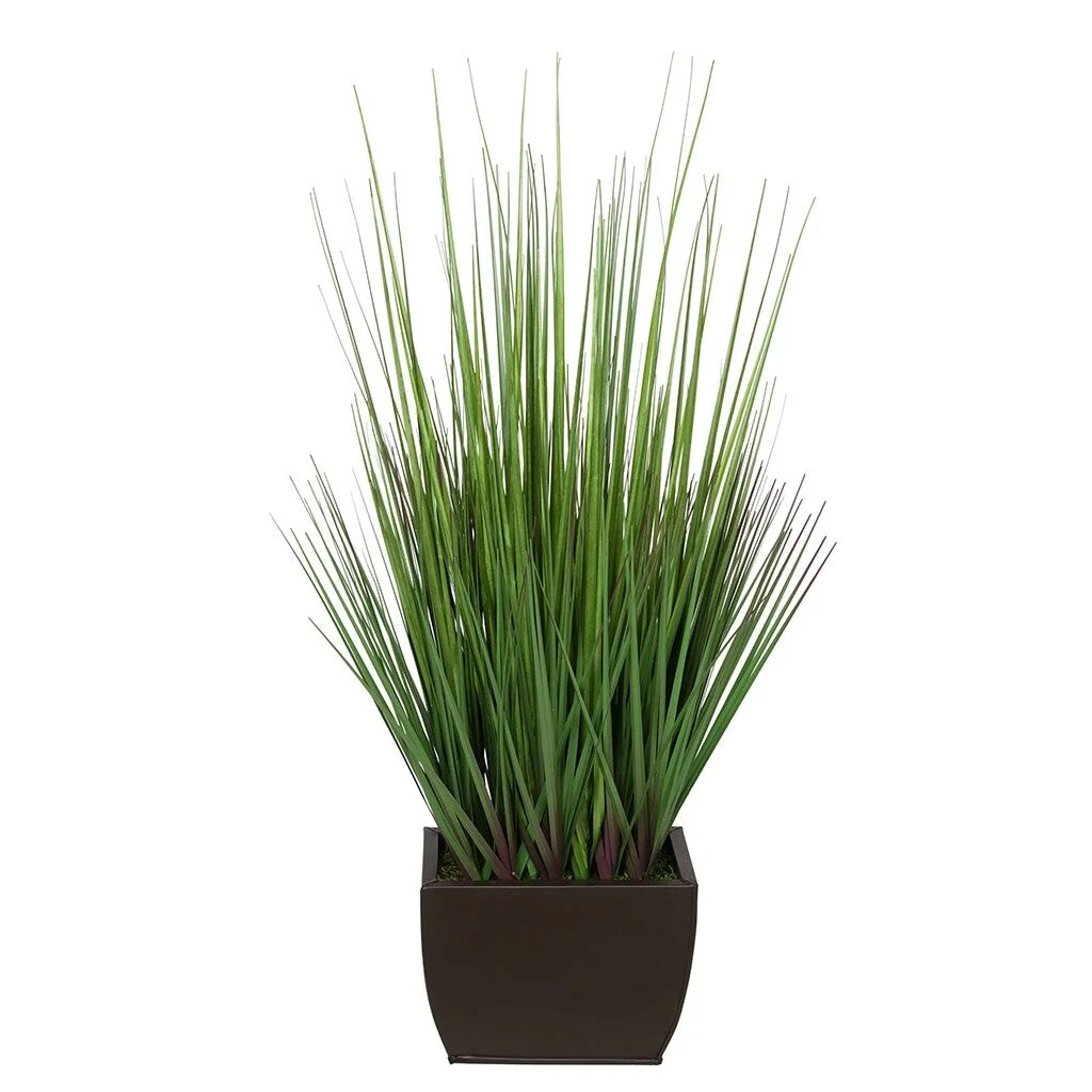 Faux PVC Grass in Small Rectangle Zinc Vase Matte Brown