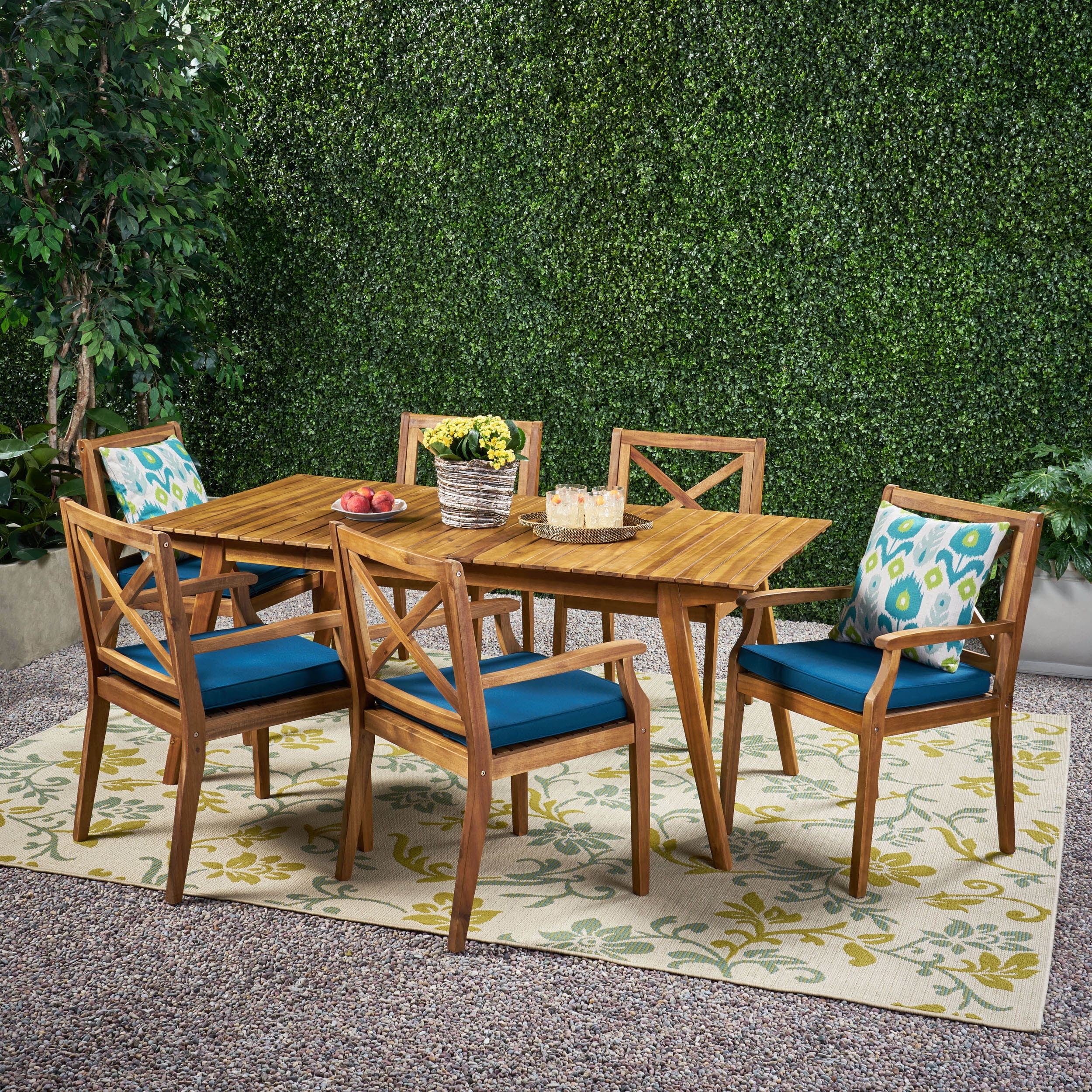 GDF Studio Tulum Outdoor Acacia Wood 7 Piece Dining Set with Cushion, Teak and Blue