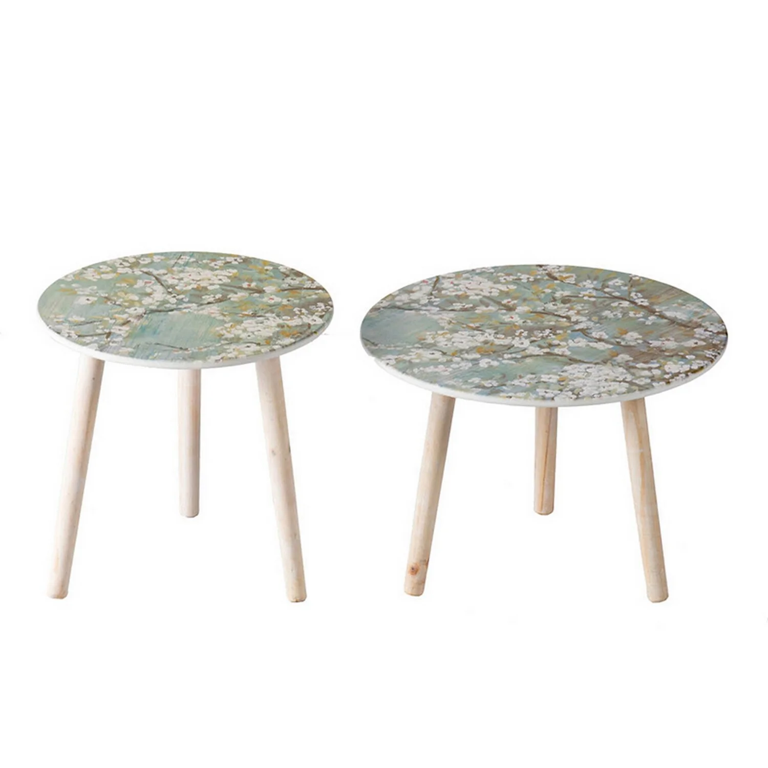 Benjara  16 & 20 in. Byle Floral Design Side Table, Cherry Blossom - Blue - Set of 2