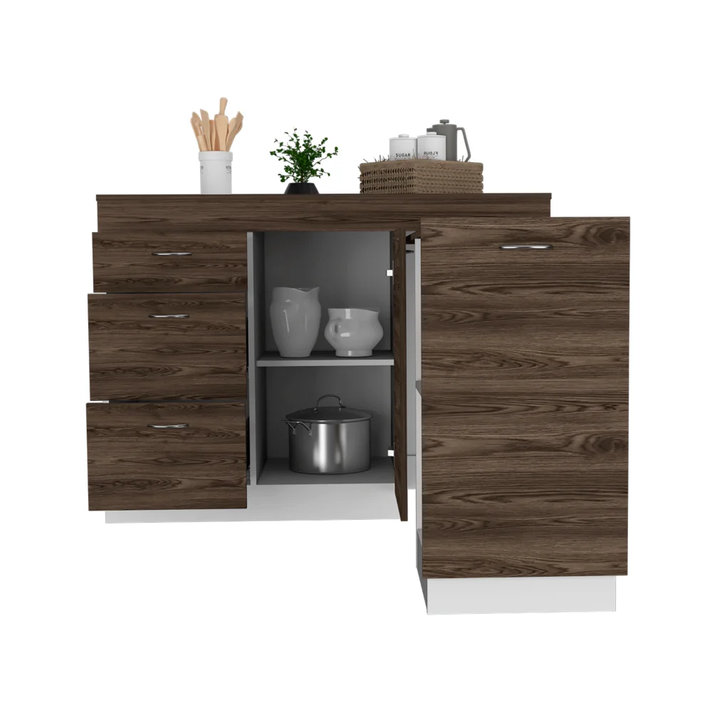 Kitchen Island Cabinet Metask,Three Drawers, White / Dark Walnut Finish
