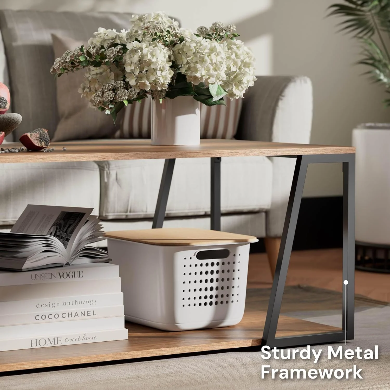 CHTYVC 2-Tier Coffee Table  Rustic Wood Center Table with Oblique Insert   Rectangular Coffee Table with Metal Frame & Open  Design  Living Room/Home/Office  Walnut