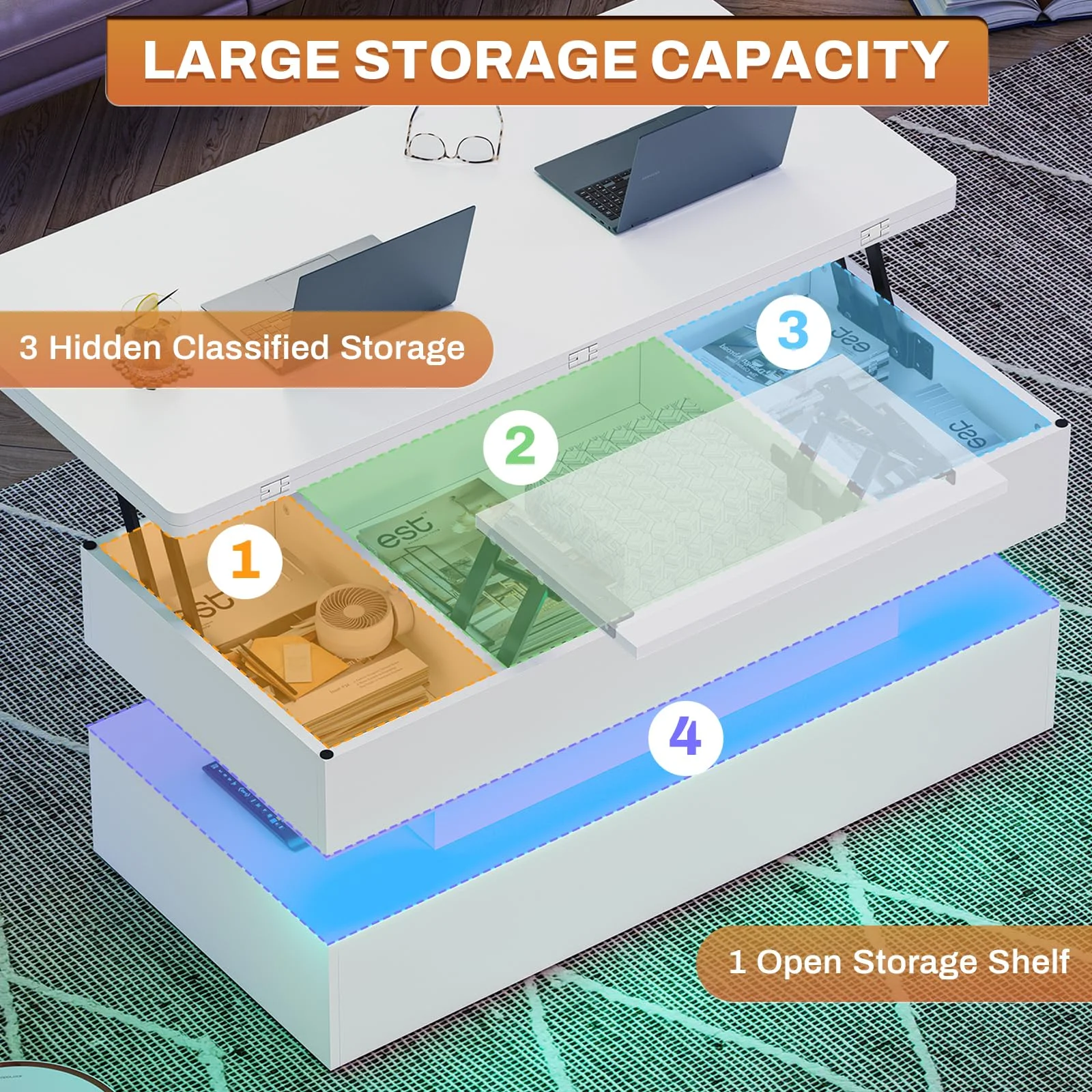 Lift Top Coffee Table, Modern 4 in 1 Center Tables with LED Light and Hidden Compartment, White