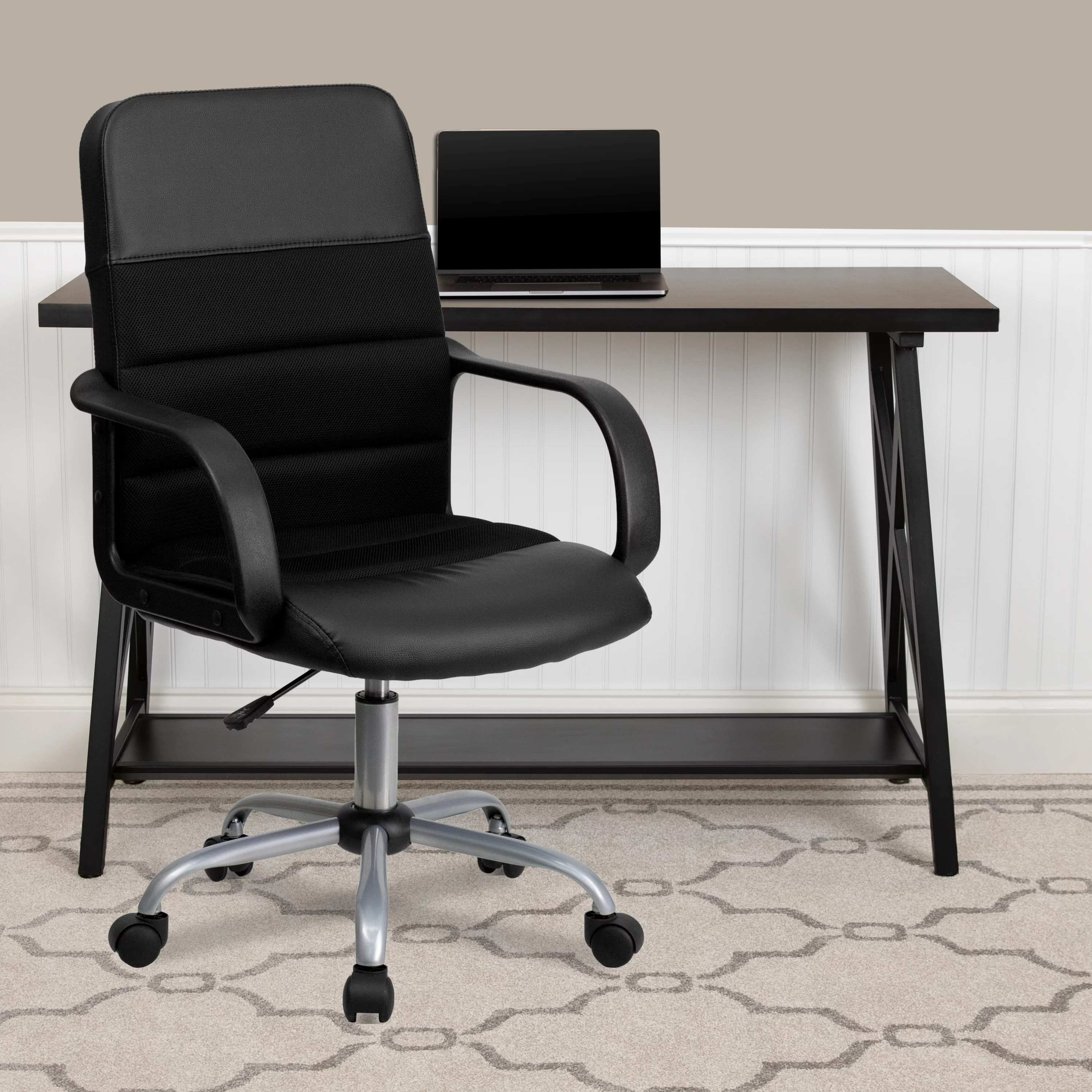 Emma + Oliver Mid-Back Black LeatherSoft and Mesh Swivel Task Office Chair with Arms