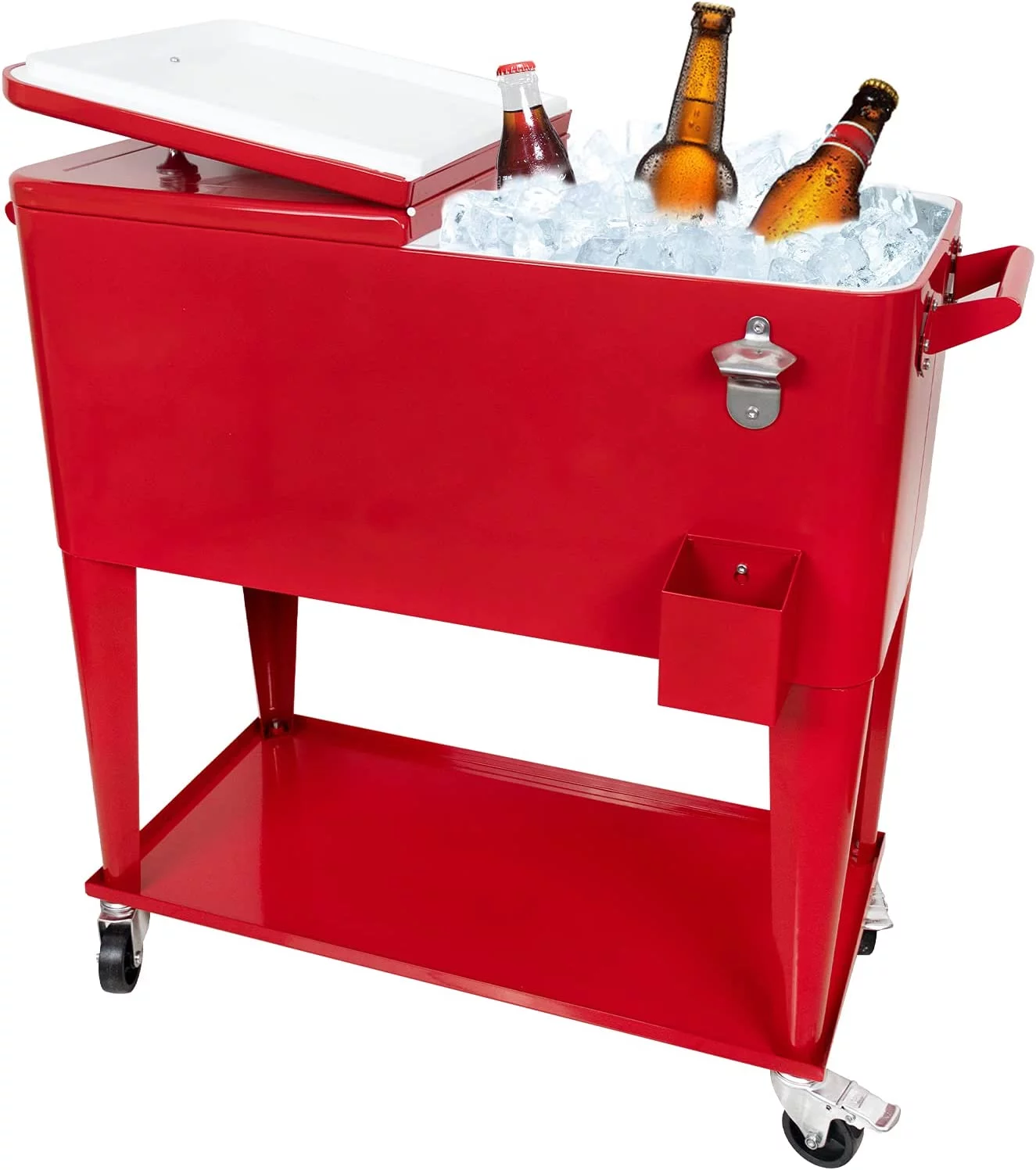 FreeLung 80QT Rolling Cooler Cart with Wheels Ice Chest Outdoor Backyard Coolers on Wheels Red