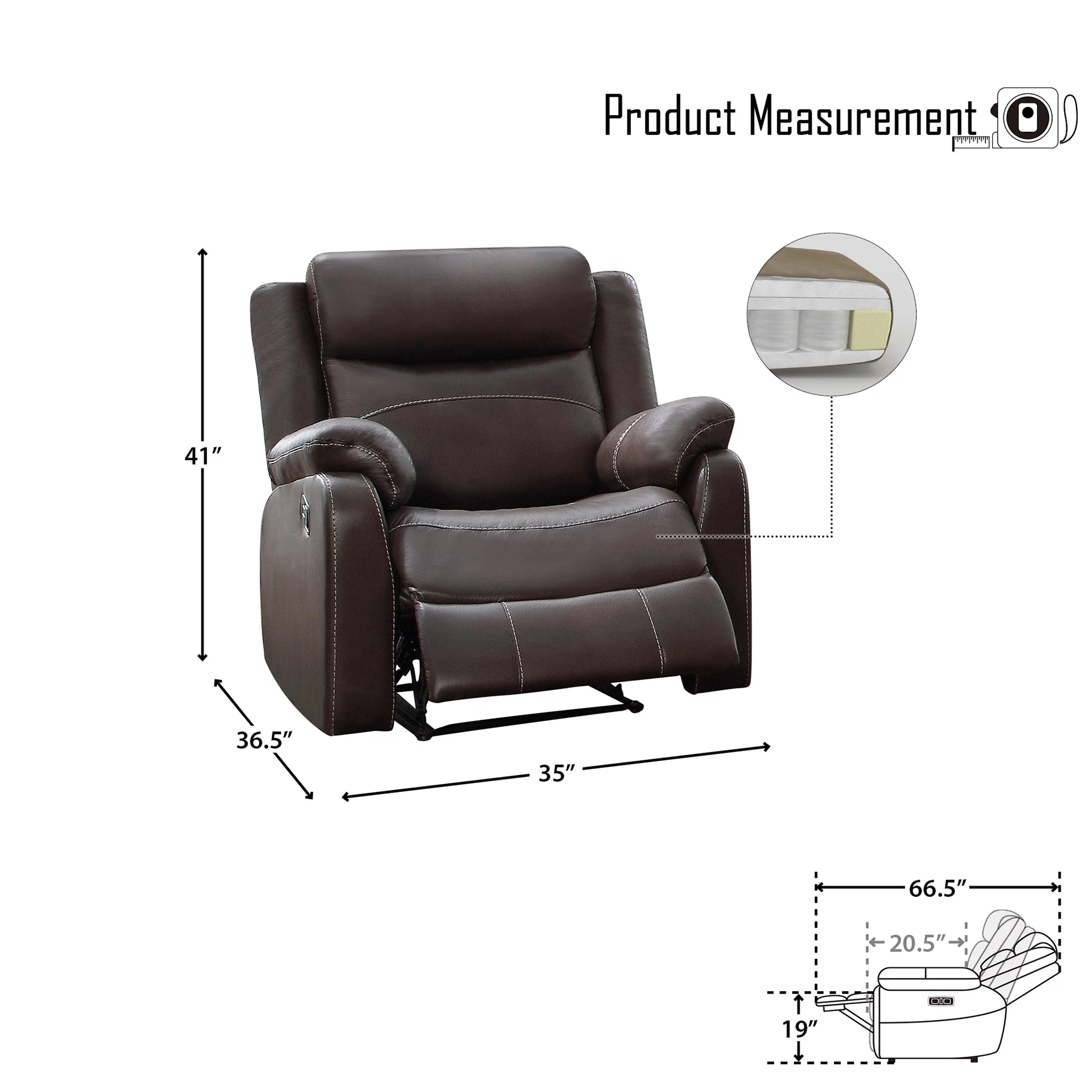 OakvillePark Audubon Polished Microfiber Upholstered Lay Flat Reclining Chair, Dark Brown