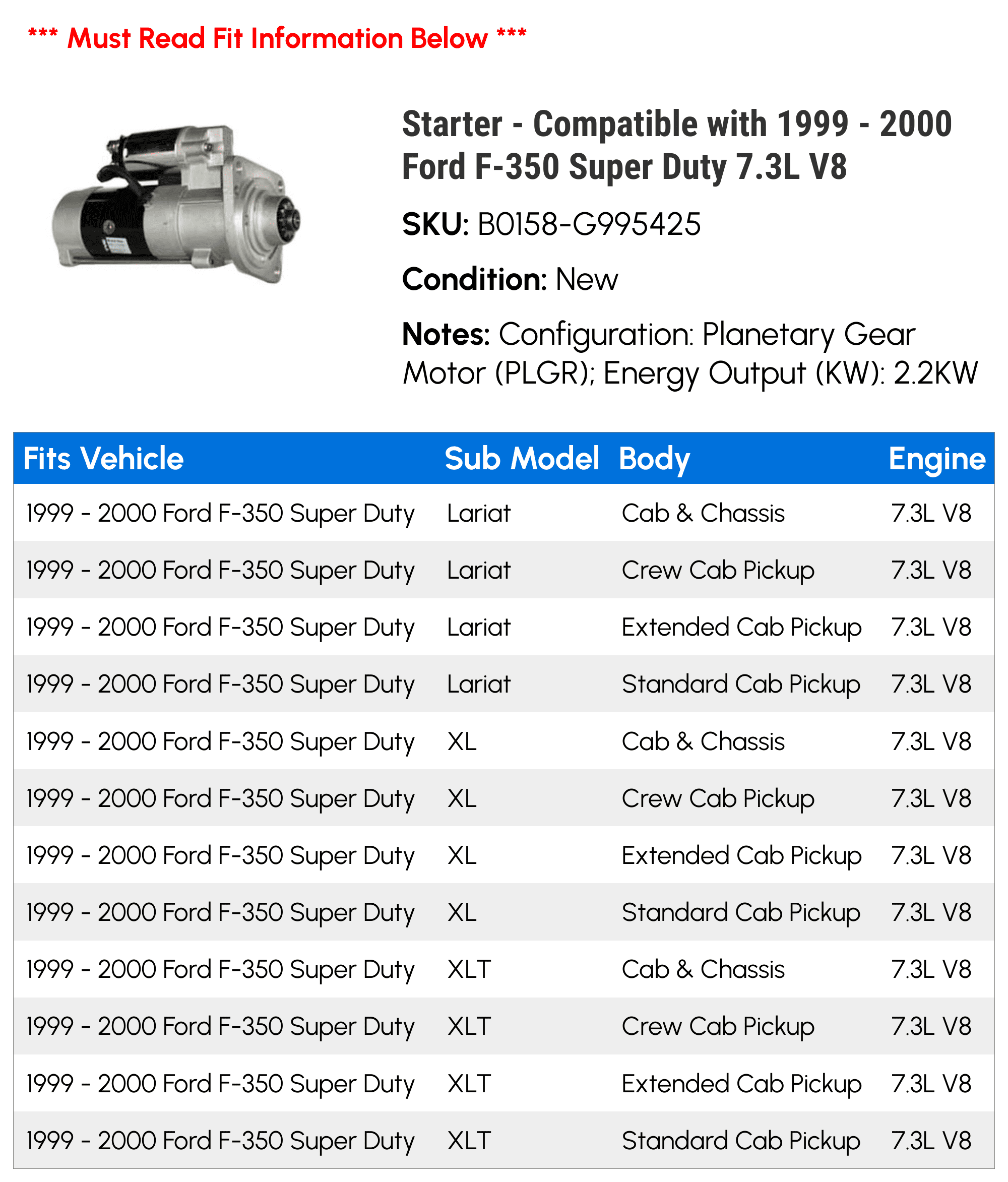 Starter - Compatible with 1999 - 2000 Ford F-350 Super Duty 7.3L V8