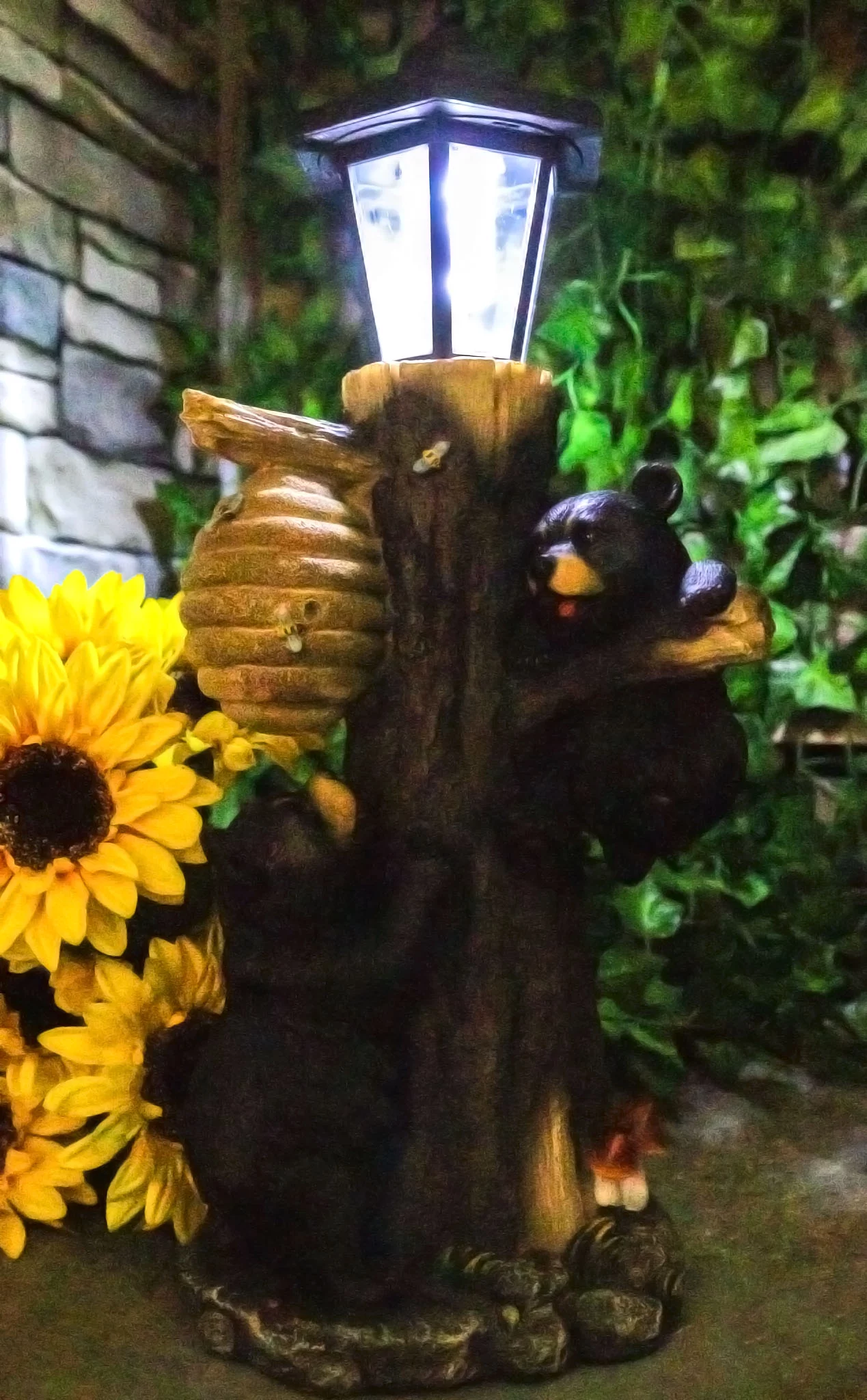 Large Climbing Black Bear Cubs With Beehive Statue W/ Solar LED Lantern Light