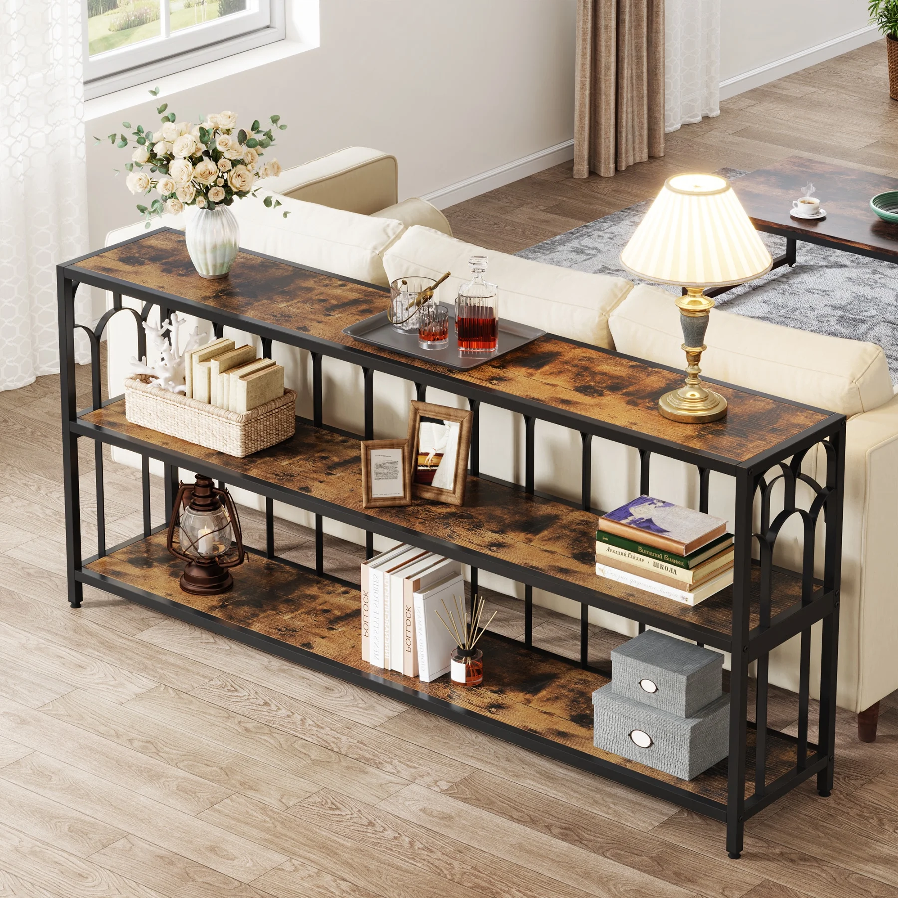 Tribesigns Long Console Table with Storage Shelves , 71 in. Industrial 3-Tier Sofa Table Narrow Foyer Table for Living Room, Hallway
