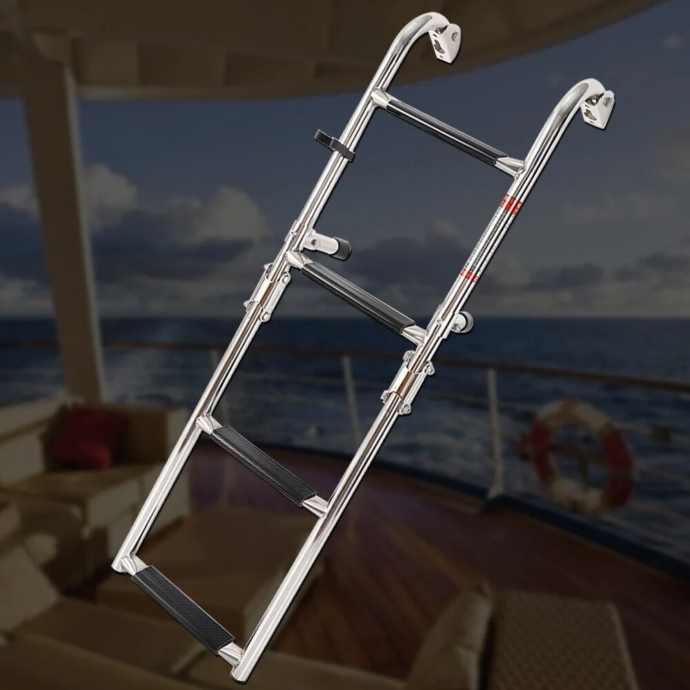 ZhdnBhnos 4 Step Boat Ladder Folding Pontoon Ladder Stainless Steel Telescopic Marine Boat Ladder