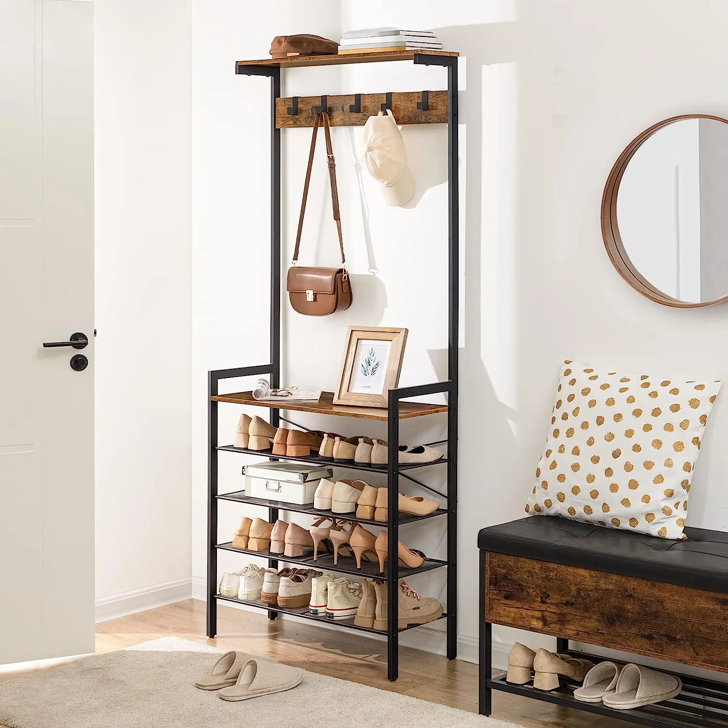Hall Tree with Bench, Coat Rack with Shoe Storage, Shoe and Coat Rack, 5-Tier Entryway Shoe Storage, 5 Hooks, for 12-16 Pairs, Industrial, Hallway, Foyer, Mudroom, Rustic Brown BF74MT01