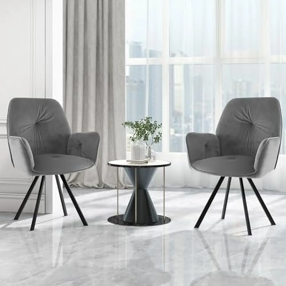 FDSHOIYN Upholstered Swivel Velvet Accent Chair   Desk Chair No Wheels  Max Load 300 Lbs  Velvet Tufted Swivel Armchair with Metal Legs for Living Room Small Space Home Office Study (Gray