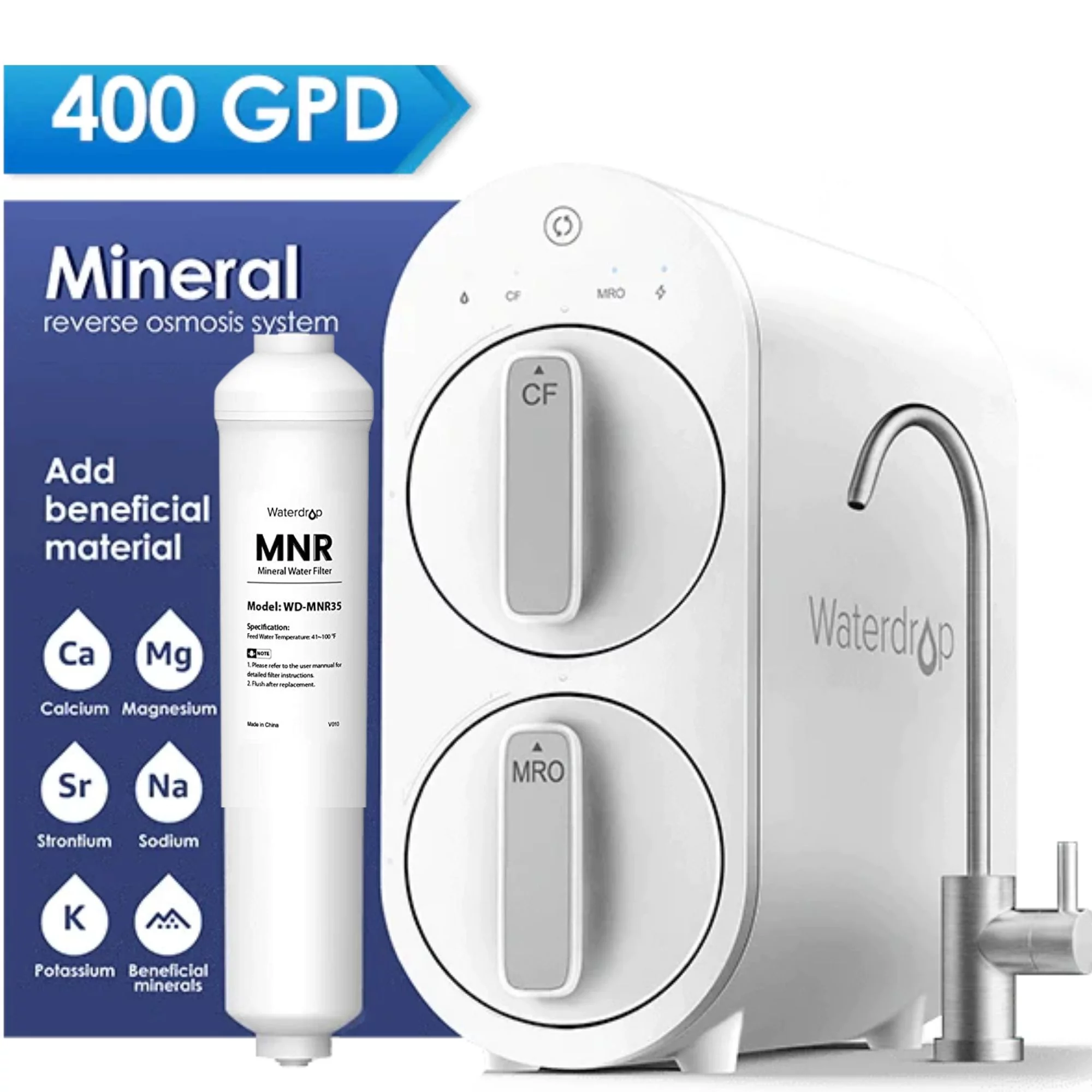 Waterdrop RO System - Free Remineralization Filter,  G2 400 GPD, Tankless, TDS Reduction, 1:1 Drain Ratio