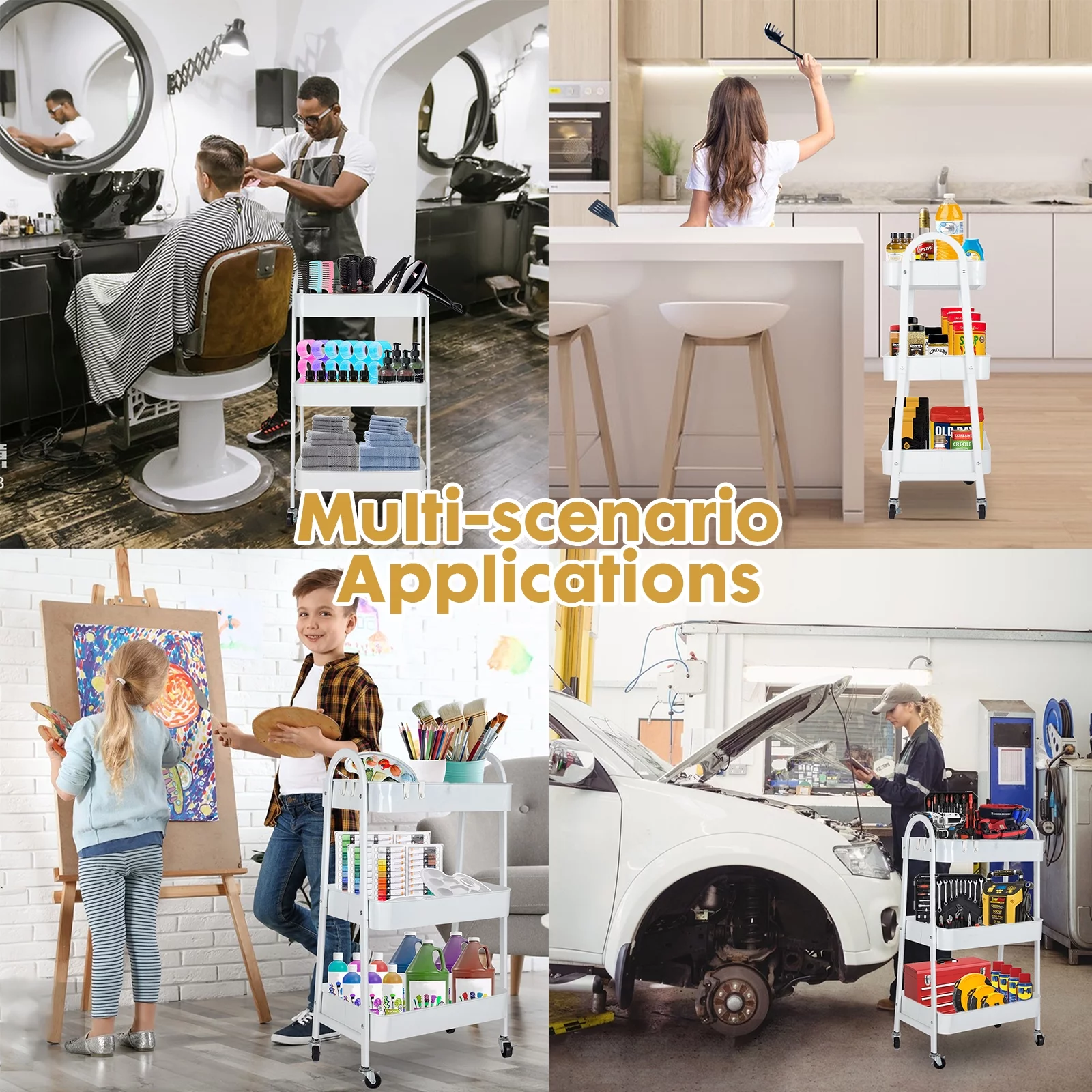 PinkSheep 3 Tier Rolling Cart, Metal Utility Shelf Cart Organizer with Wheels for Kitchen Bathroom, White