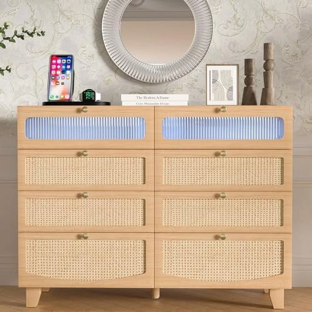 SQYTHGB Dresser for Bedroom with 8 Drawers  Double Dresser with LED Lights and Charging Station  Rattan Chest of Drawers  Tall Dresser with Drawers for Bedroom Living Room  Hallway