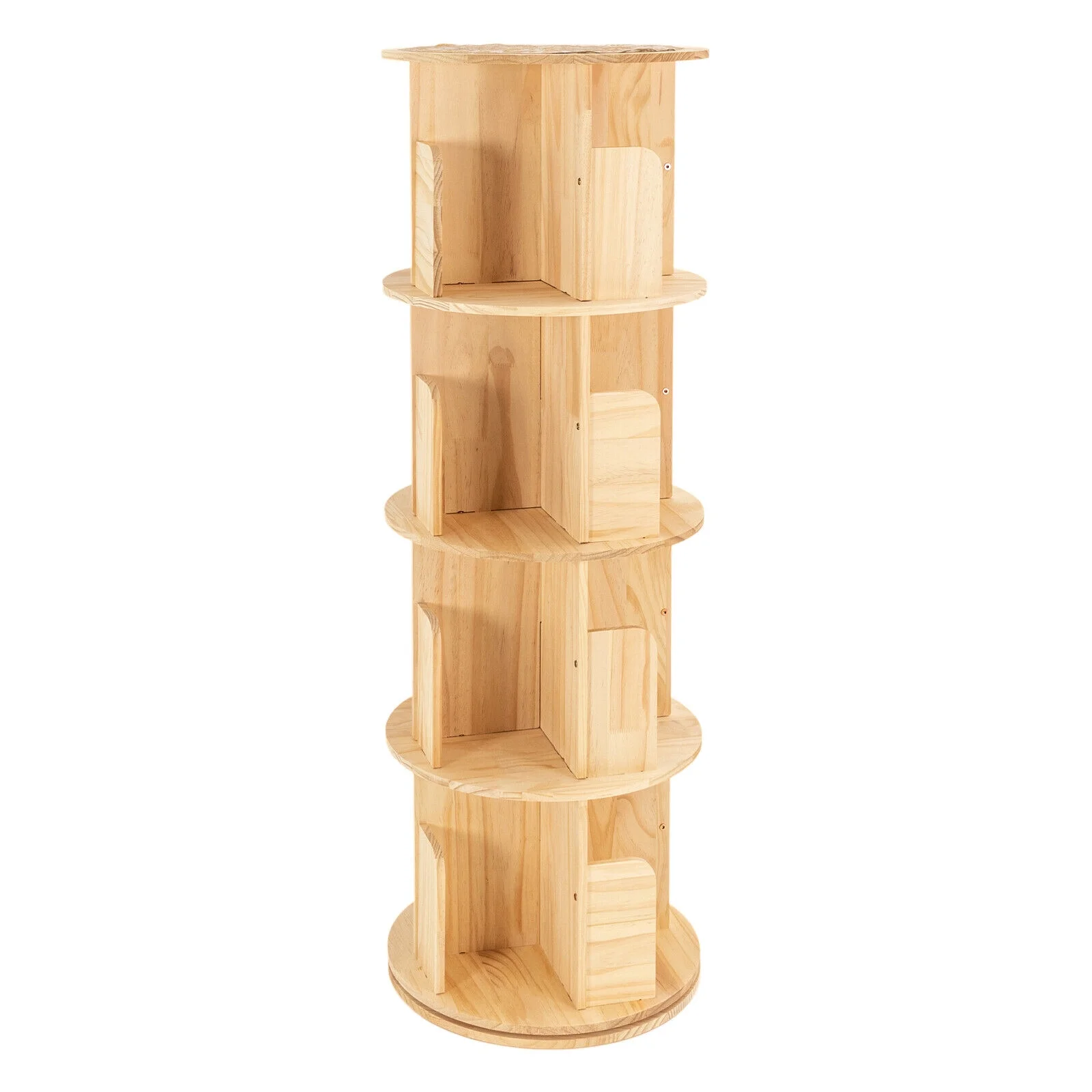 4 Tiers Bookshelf Rotating Storage 360 Display Floor Stand Cylinder Wood Bookcase