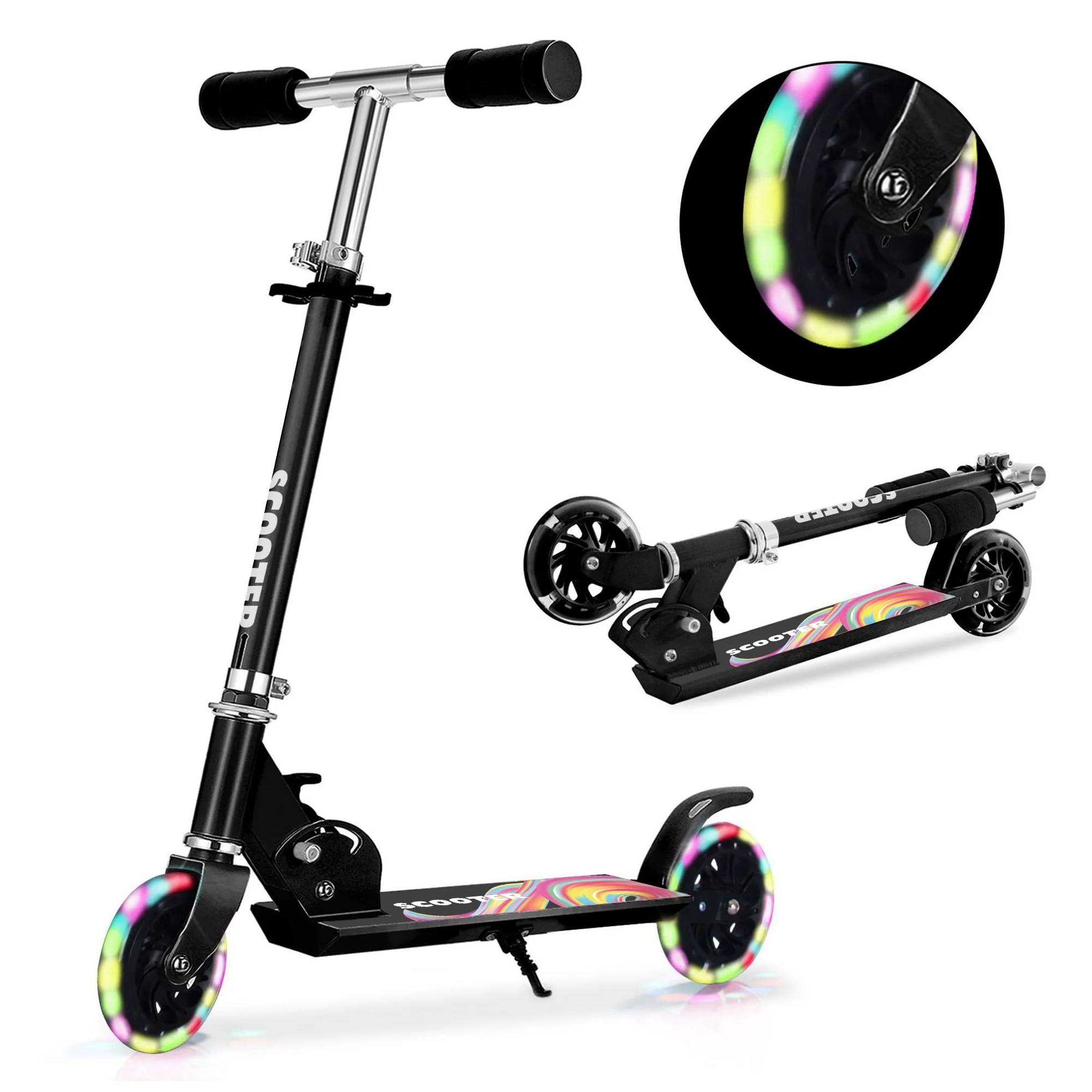 FYC Foldable Kick Scooter for Kids Ages 3+ with Light-Up Wheels, 3-Levels Height Adjustable Handlebar and Rear Brakes, Easy-Folding Mechanism, Black