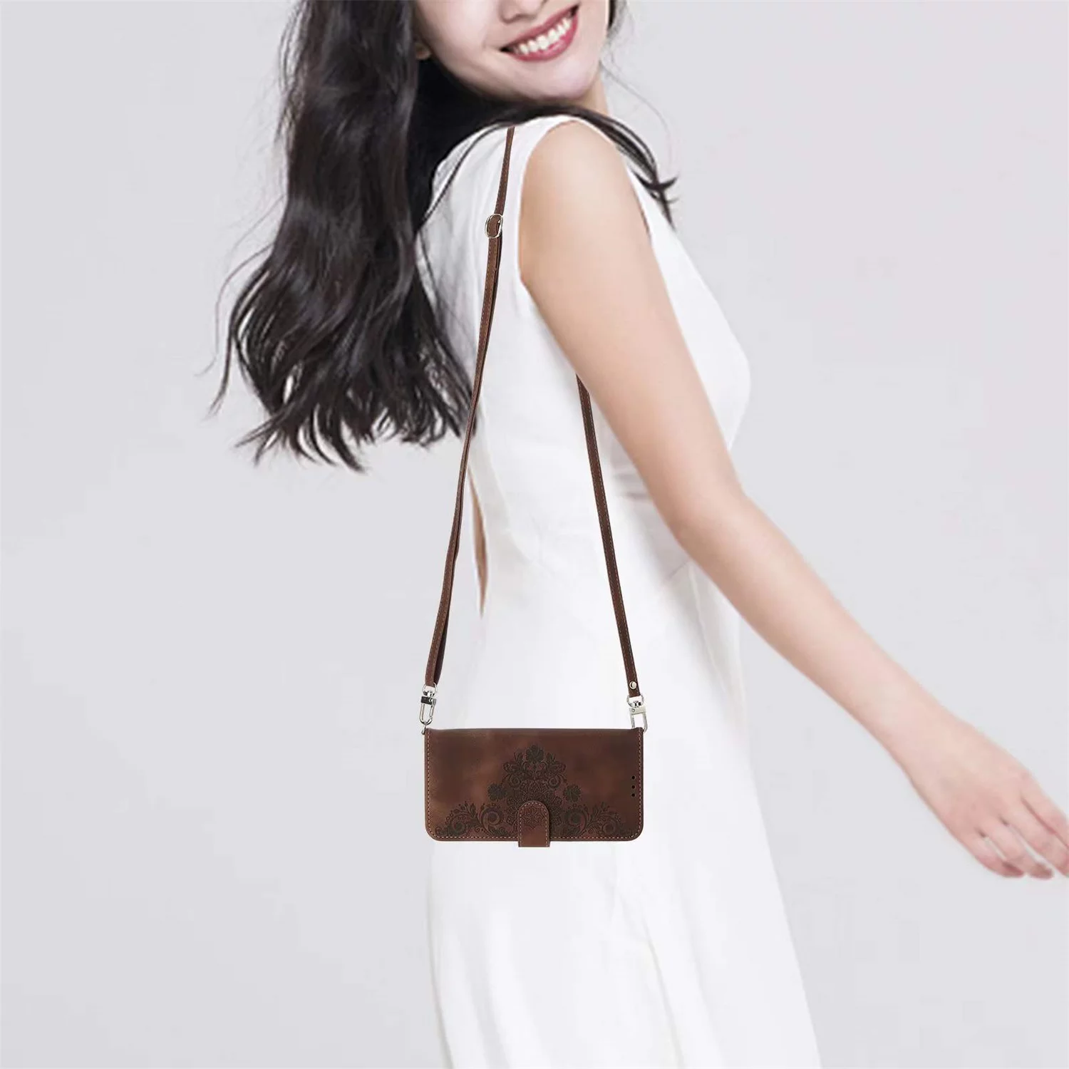 SaniMore for Samsung Galaxy Z Fold 4 Magnetic Flip Wallet Case with Cross Body Strap, PU Leather Case with Card Slot & Multi-Angle Kickstand Shockproof Protective Case for Girls Ladies, Brown