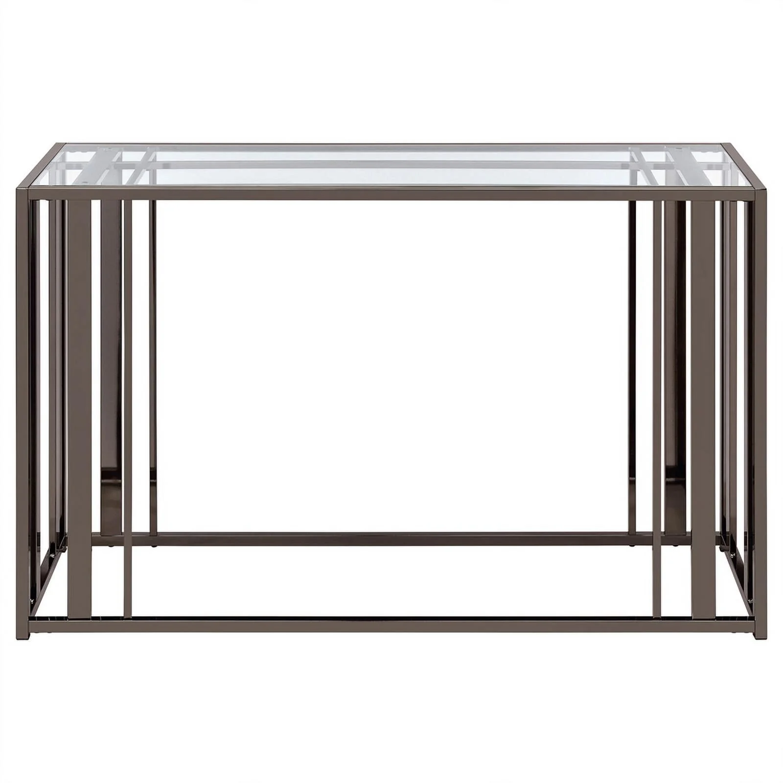 Pemberly Row Metal Rectangular Glass Top Sofa Table in Clear and Black Nickel