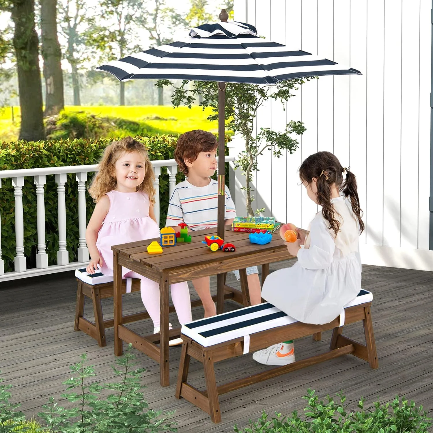 Kids Picnic Table, Toddler Wood Table & Chair Set w/Cushions, Height Adjustable Umbrella, Children Activity Table Outdoor Furniture Set for Patio, Garden, Backyard, Gift for Ages 3-8 (Blue)