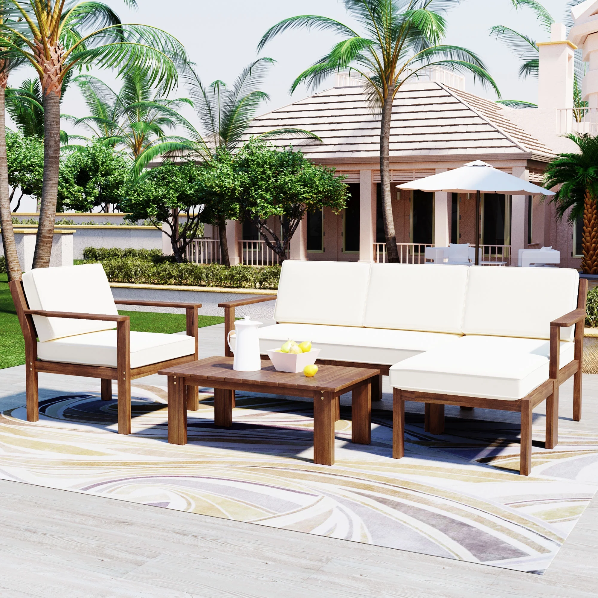 Putouzip 4-Piece Acacia Wood Patio Conversation Set, Outdoor Sectional L-Shaped Sofa with Detachable Cushions and Wood Coffee Table for Gardens Backyards, Beige