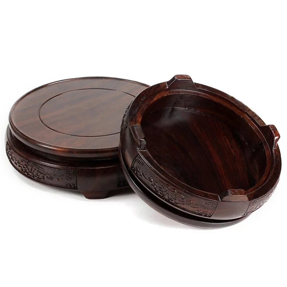 Carved Wood Fishbowl Stand Bonsai Stone Vase Flower Pot Rack Round Display Base