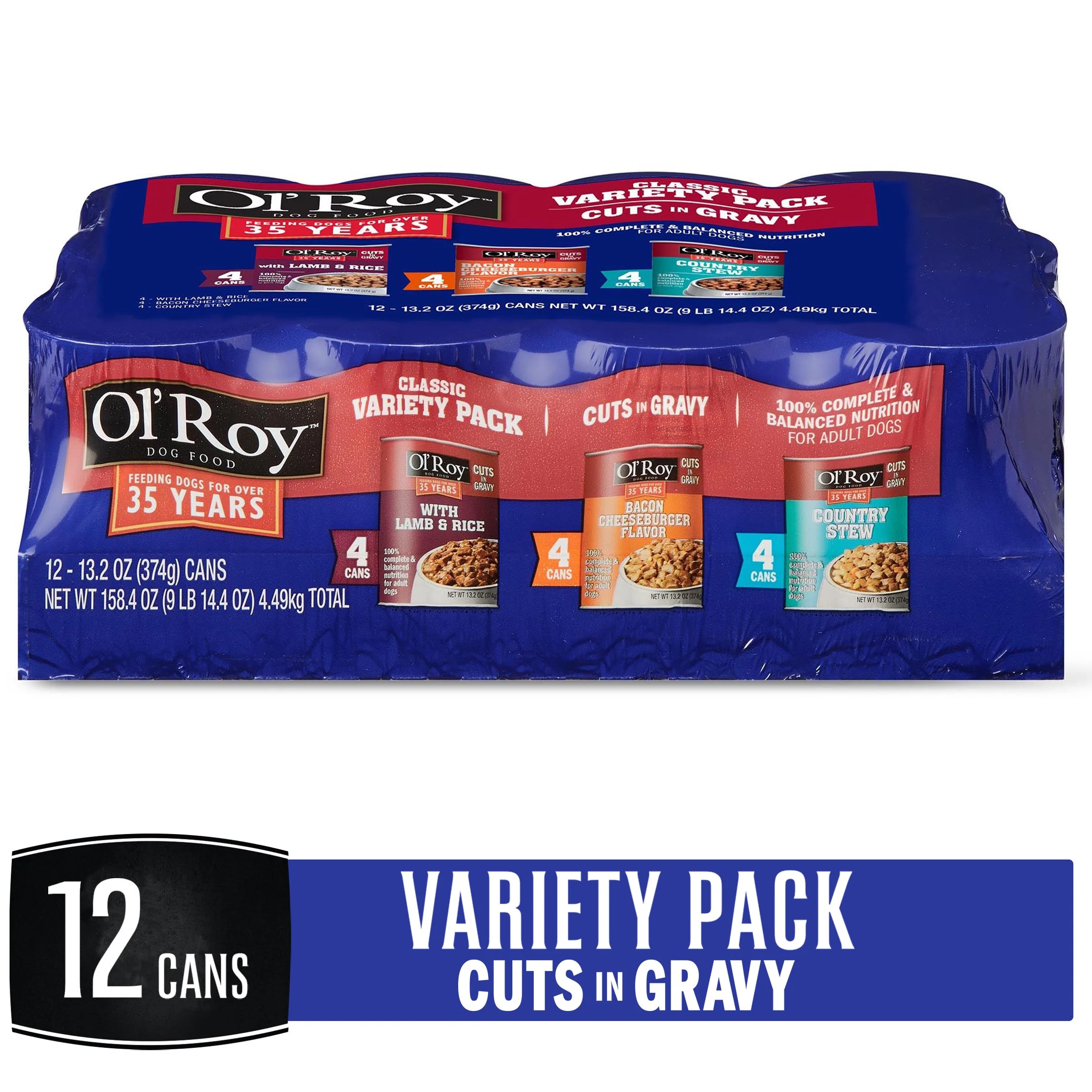 (12 Pack) Ol' Roy Cuts in Gravy Wet Dog Food Variety Pack, Lamb & Rice, Bacon Cheeseburger and Country Stew, 13.2 oz