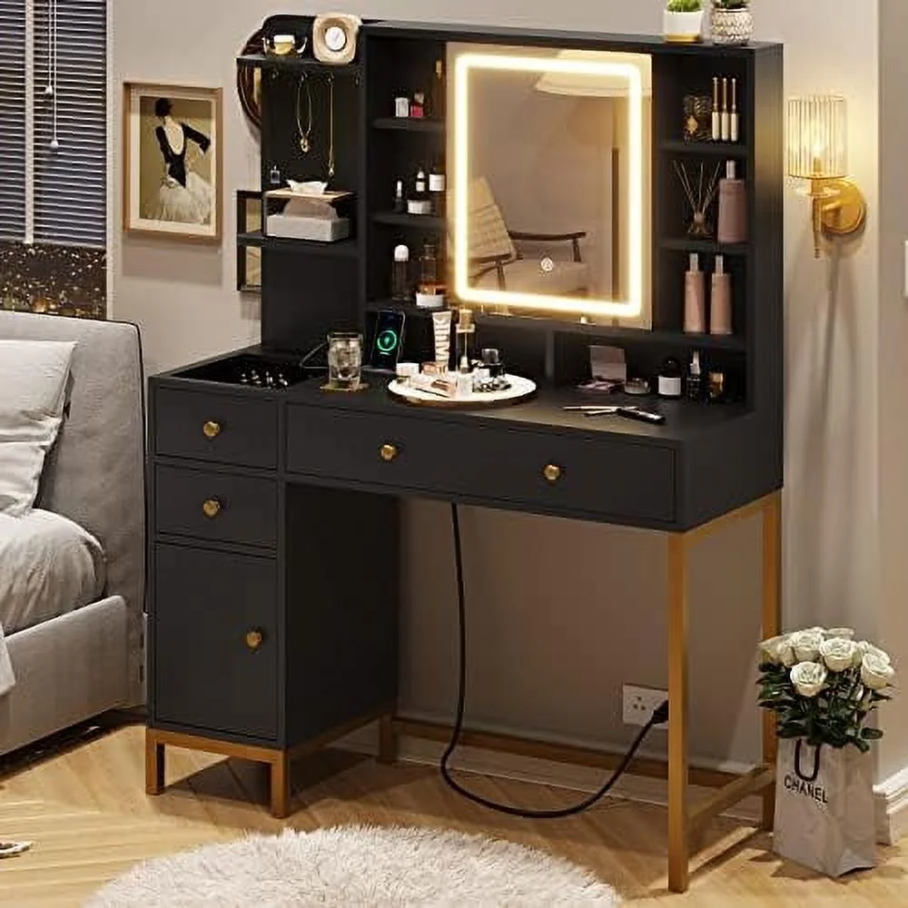 SJOPKMN Vanity with Lights  Vanity Desk with Openable Mirror & 3-Color Dimmable  White Vanity Table with Charging Station   Desk with Visual Drawer  Hooks  Hidden and Open  Shelves