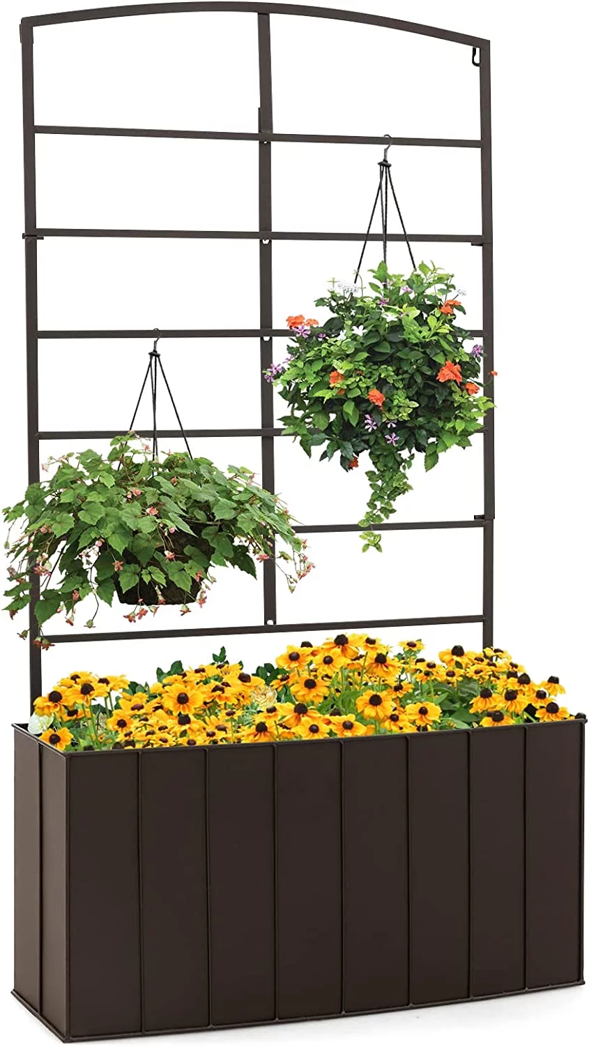 Bed with Trellis, 44” Elevated Garden Planter Box, Indoor Outdoor Free Standing Plant Raised Bed, Vertical Container Bed with Lattice for Vine Flowers Climbing or Pot Hanging