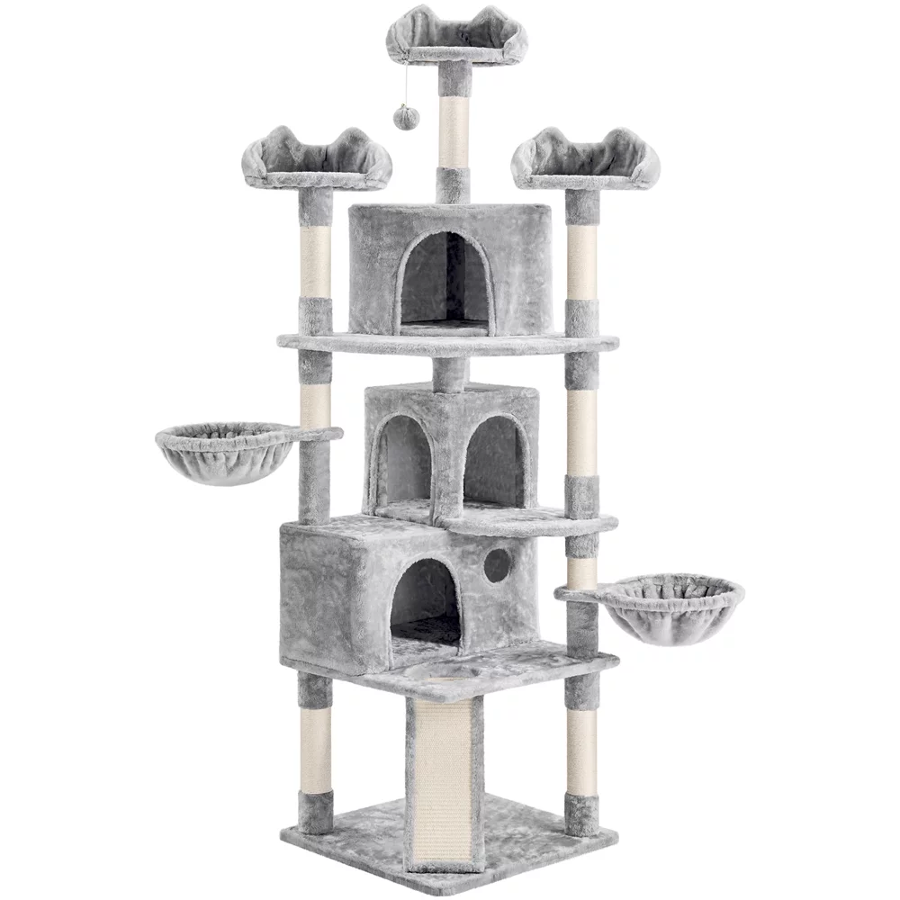 Easyfashion 76.5inch Large Cat Tree Tower with 3 Condos, Light Gray