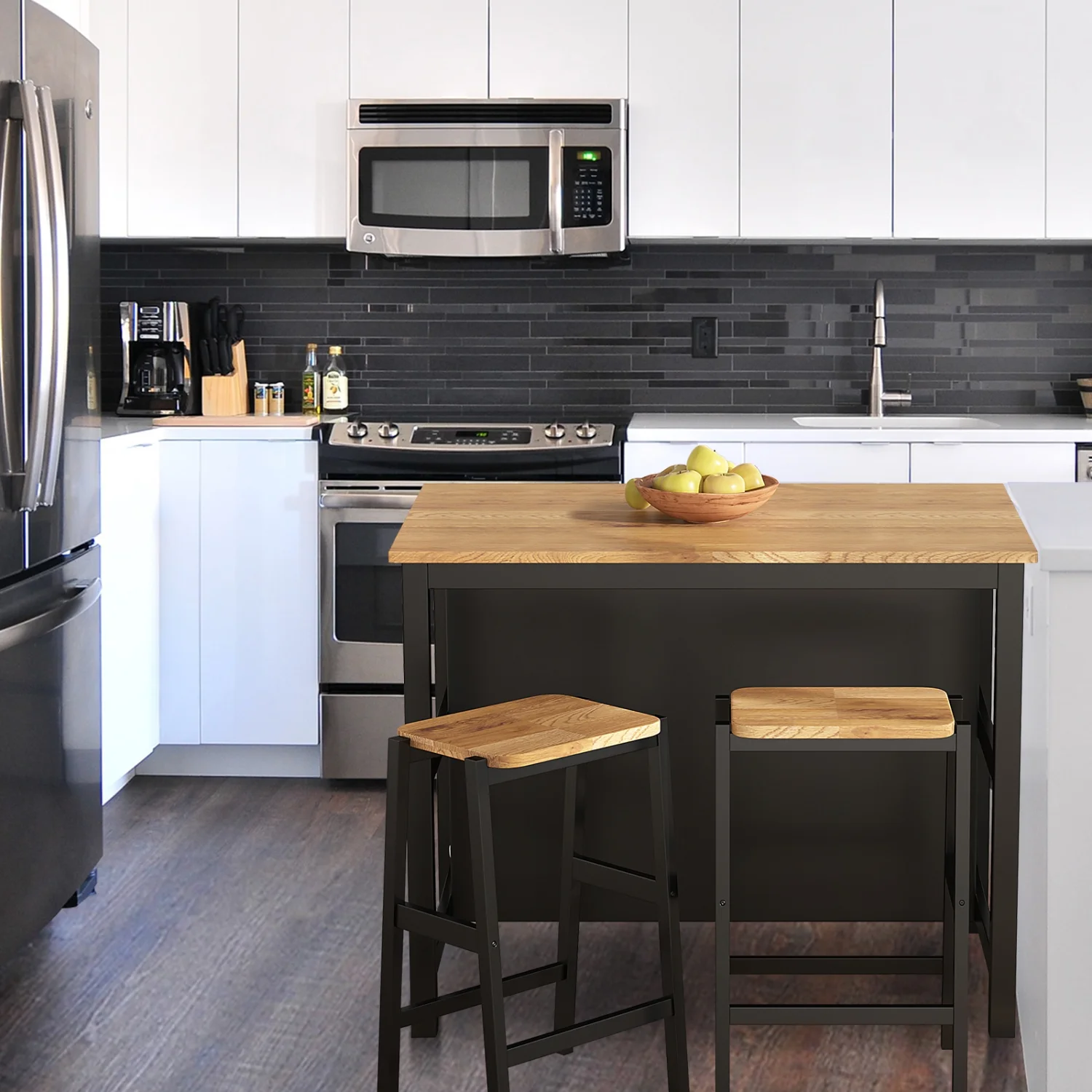 Rustic Retro 3-Piece Dining Table Set with Two Open Shelves for Small Space Kitchen Dining Room - RubberWood Breakfast Table and Dining Stools for 2 People (=W69165661)