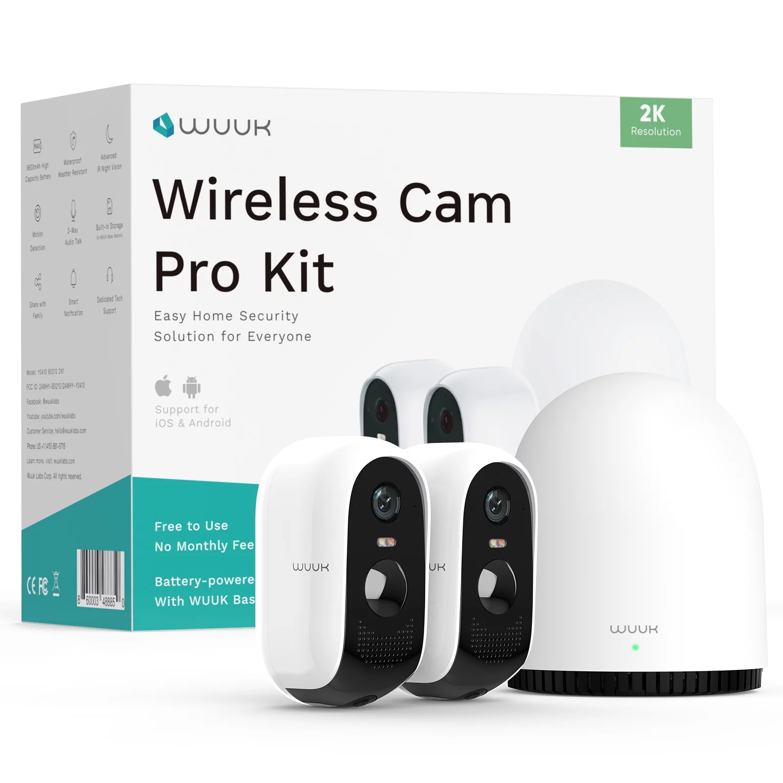 WUUK 2K Outdoor Wireless Security Camera with Free 32GB Local Storage Base Station, Battery Powered Outdoor Camera, Home Security Camera System, No Monthly Fee, IP67, Compatible with Google & Alexa